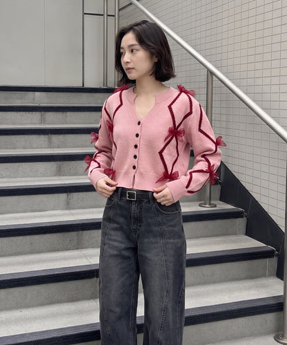 【HOOK】for　girls　リボン付きカーディガン　ショット丈