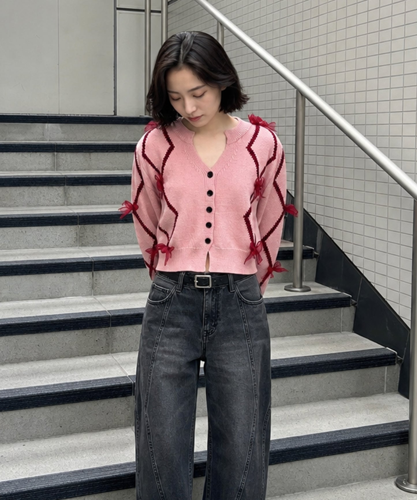 【HOOK】for　girls　リボン付きカーディガン　ショット丈