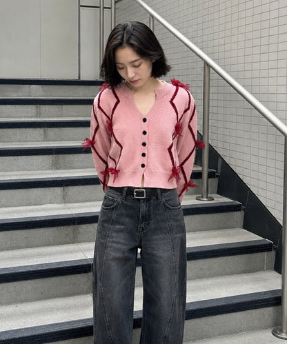 【HOOK】for　girls　リボン付きカーディガン　ショット丈