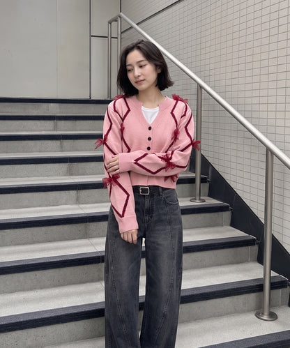 【HOOK】for　girls　リボン付きカーディガン　ショット丈