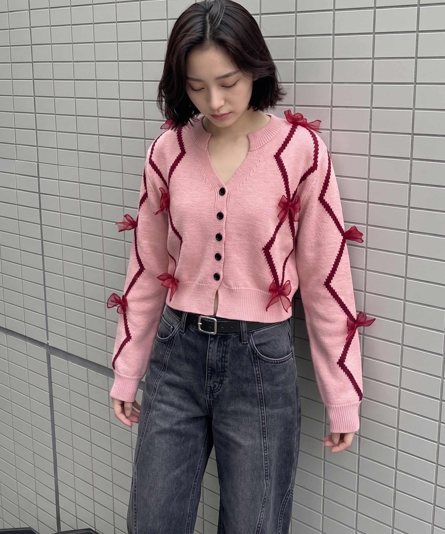 【HOOK】for　girls　リボン付きカーディガン　ショット丈