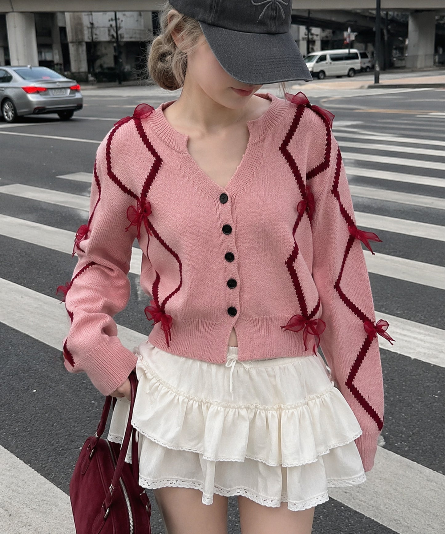 【HOOK】for　girls　リボン付きカーディガン　ショット丈