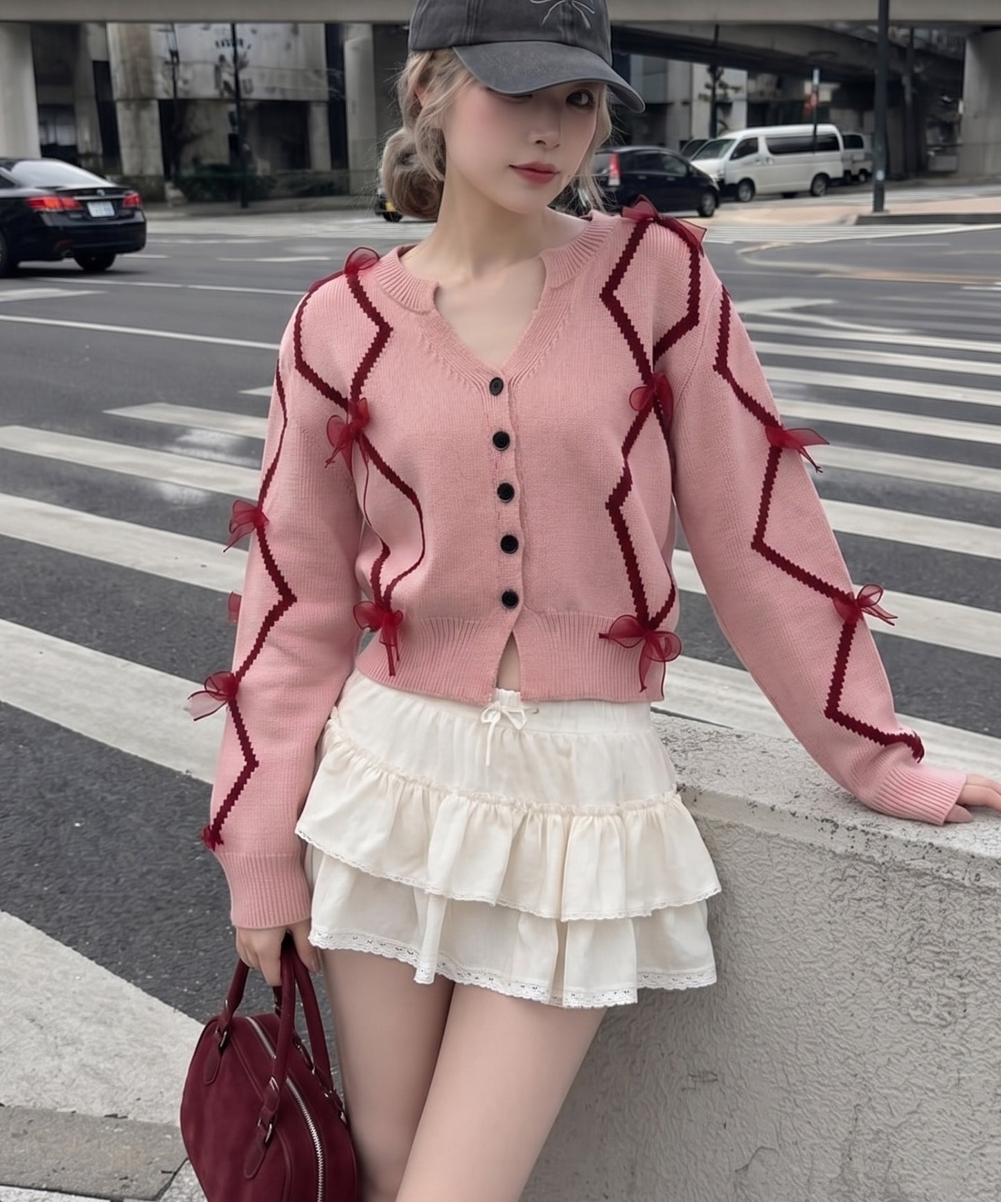 【HOOK】for　girls　リボン付きカーディガン　ショット丈