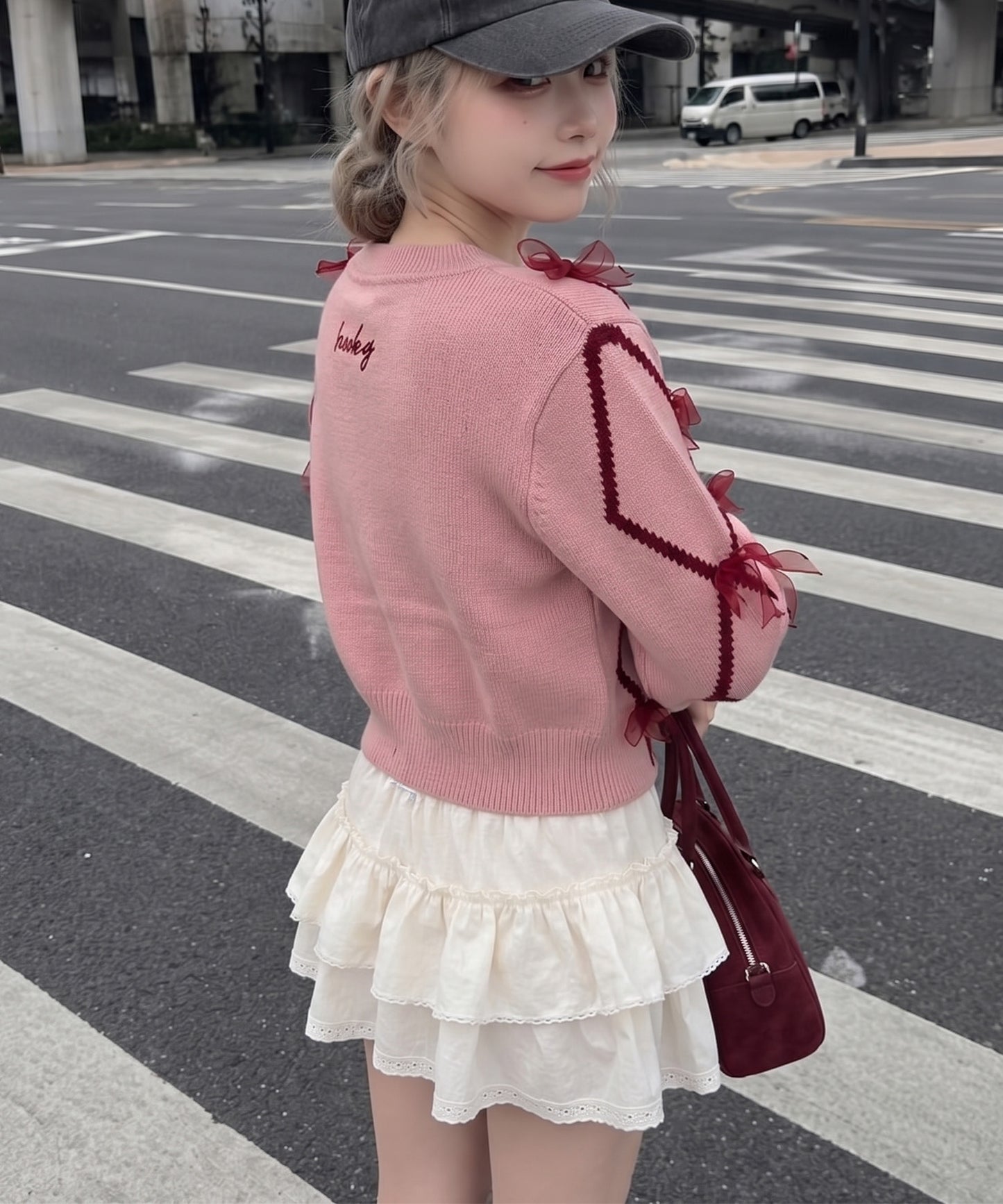 【HOOK】for　girls　リボン付きカーディガン　ショット丈