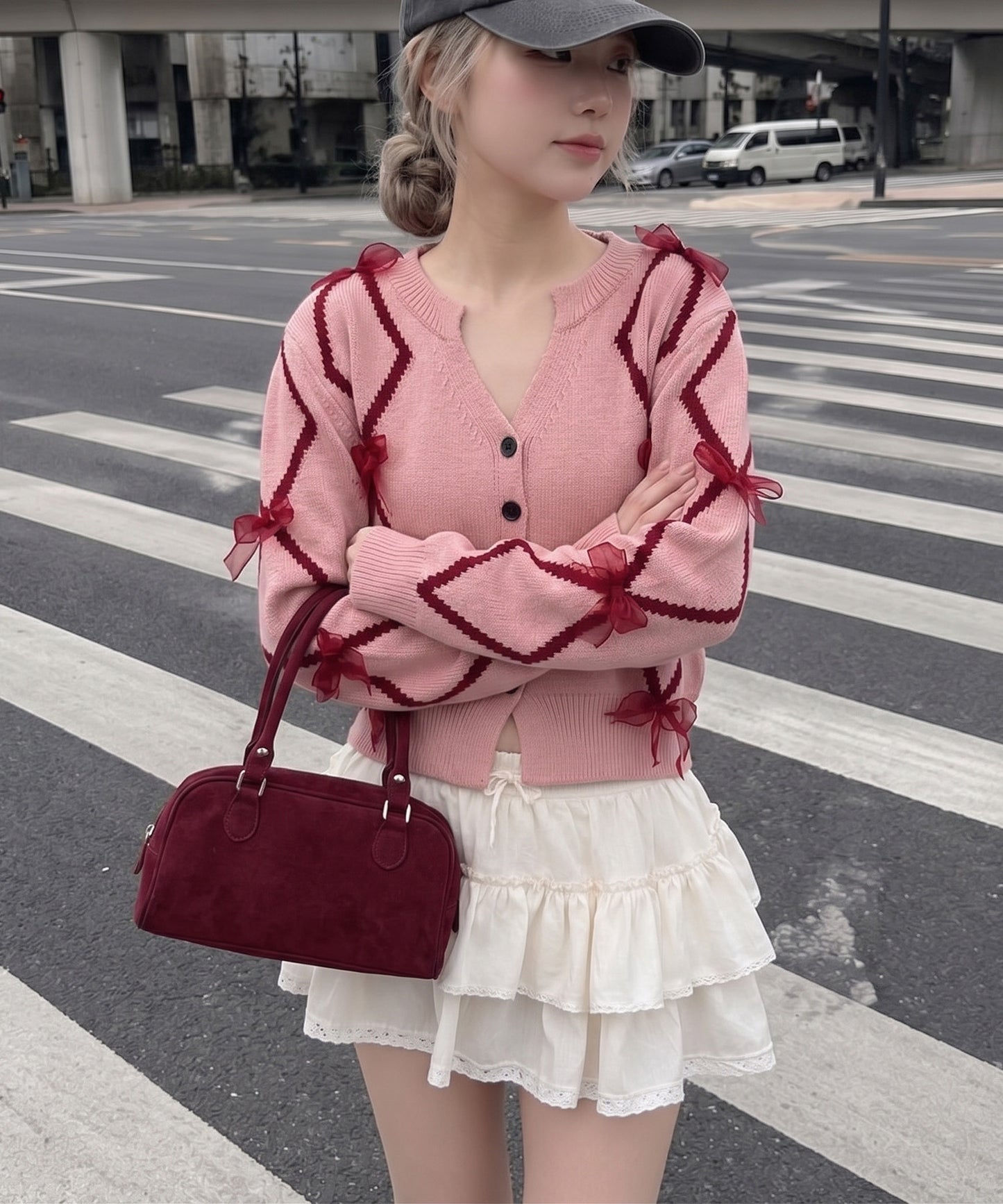 【HOOK】for　girls　リボン付きカーディガン　ショット丈