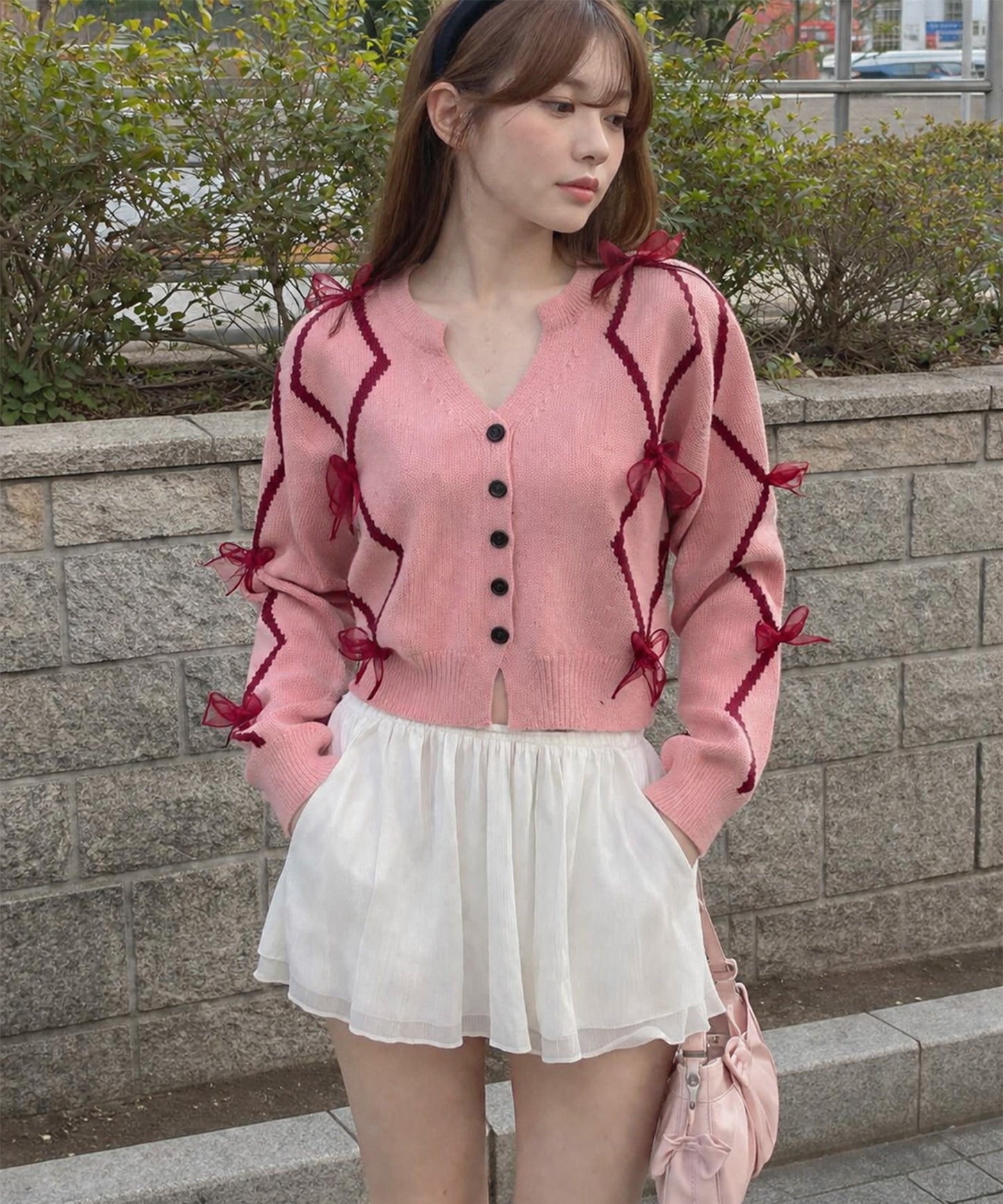 【HOOK】for　girls　リボン付きカーディガン　ショット丈