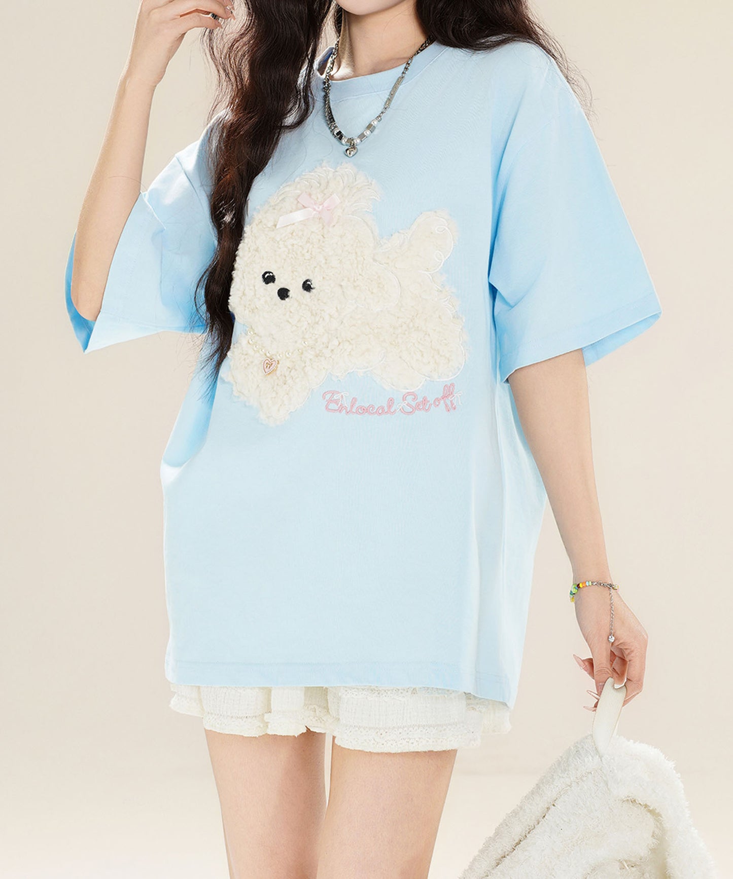 【HOOK】for girls ふわふわドッグ刺繍Tシャツ