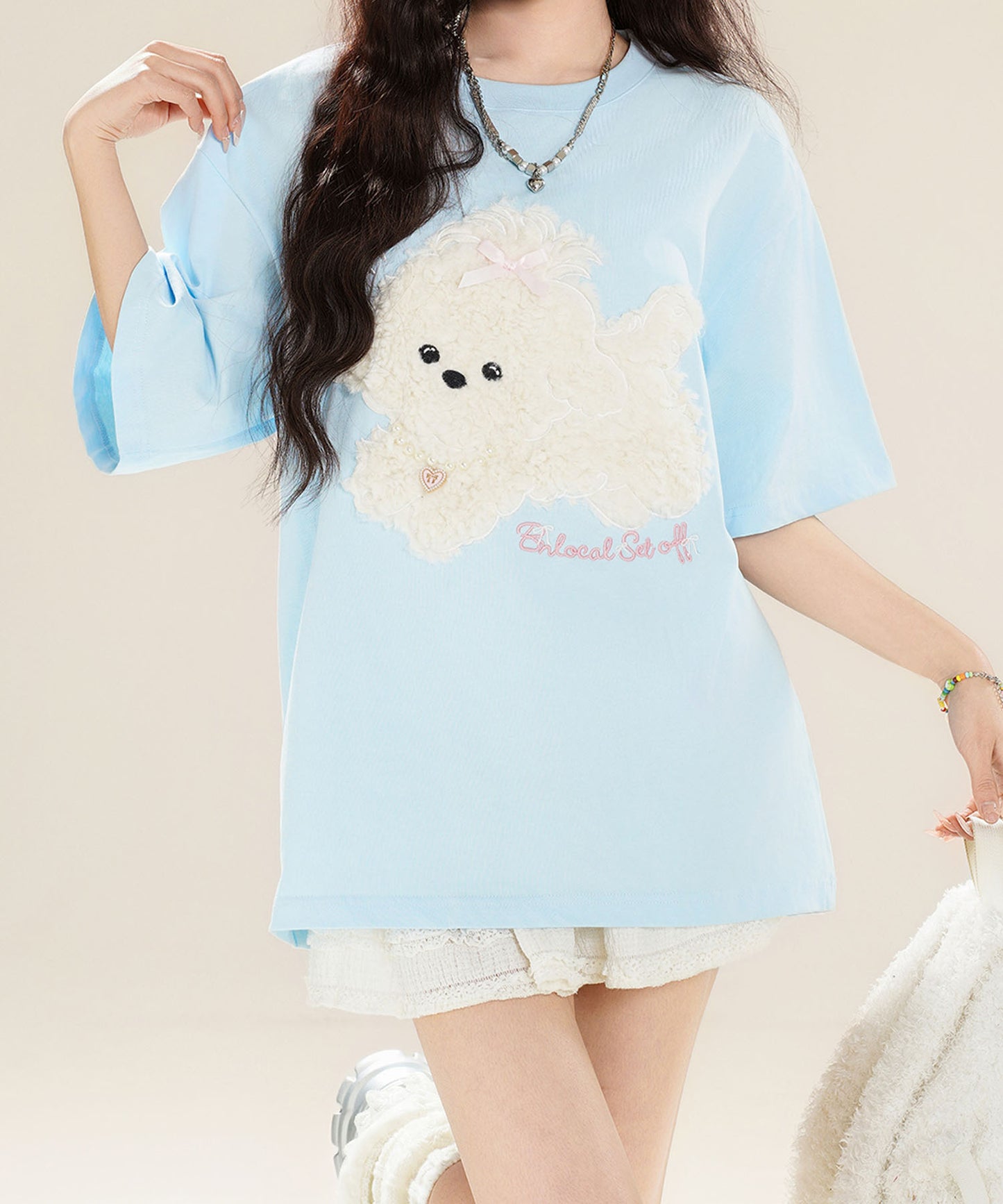 【HOOK】for girls ふわふわドッグ刺繍Tシャツ