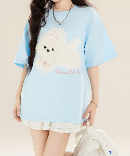 【HOOK】for girls ふわふわドッグ刺繍Tシャツ