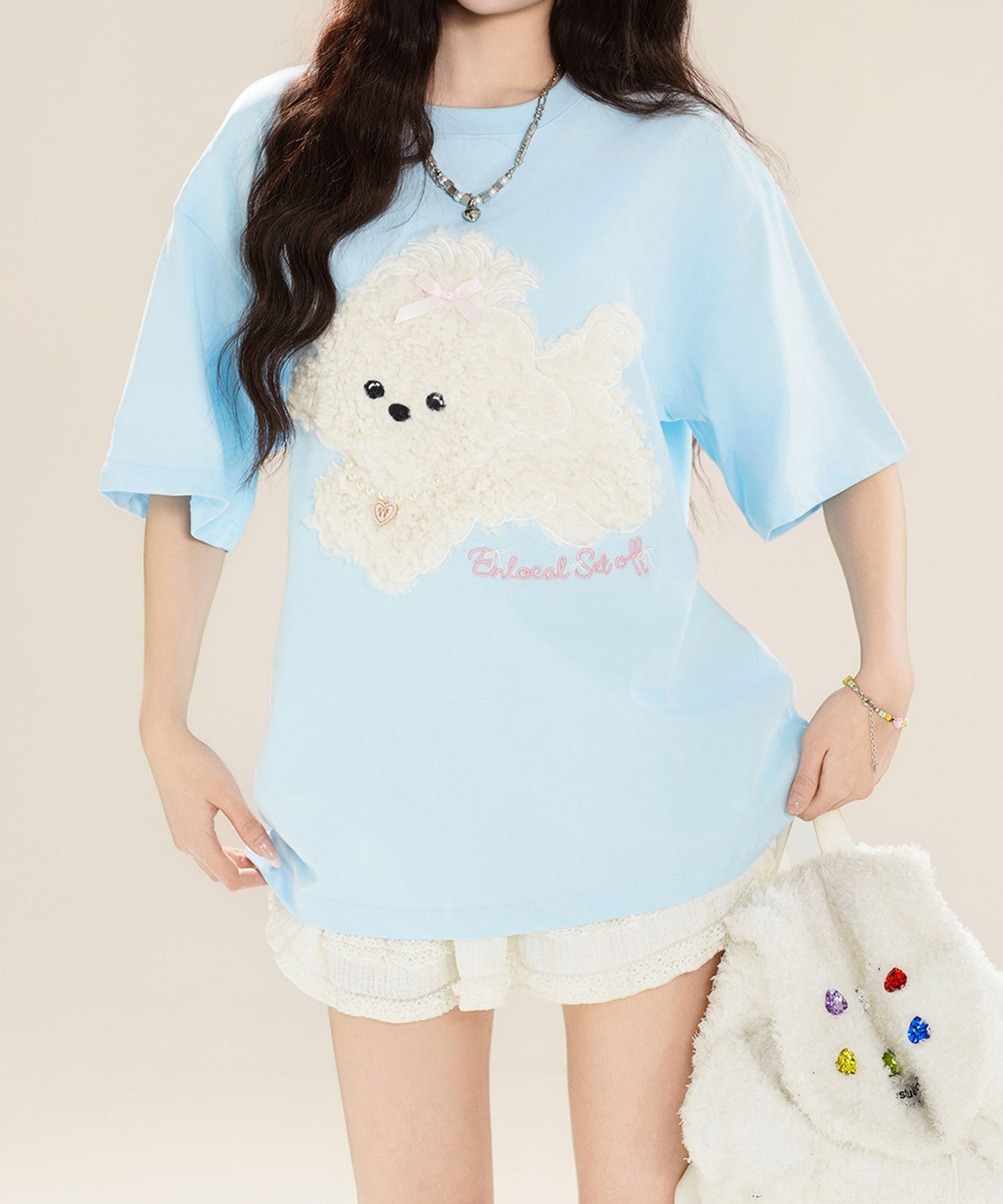 【HOOK】for girls ふわふわドッグ刺繍Tシャツ
