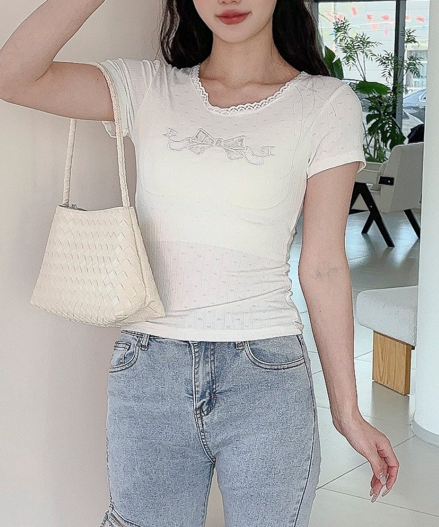 【Jasmine】カップ付き！レーススリムフィットTシャツ