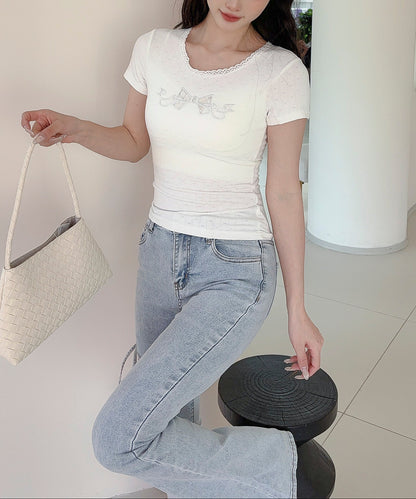 【Jasmine】カップ付き！レーススリムフィットTシャツ