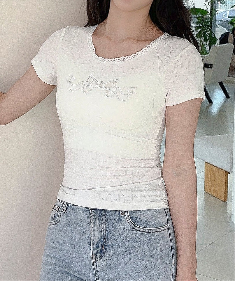 【Jasmine】カップ付き！レーススリムフィットTシャツ