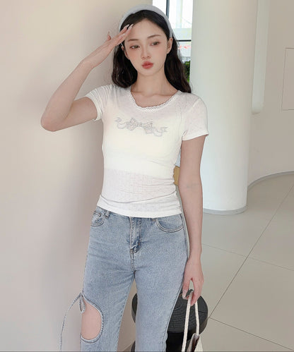 【Jasmine】カップ付き！レーススリムフィットTシャツ