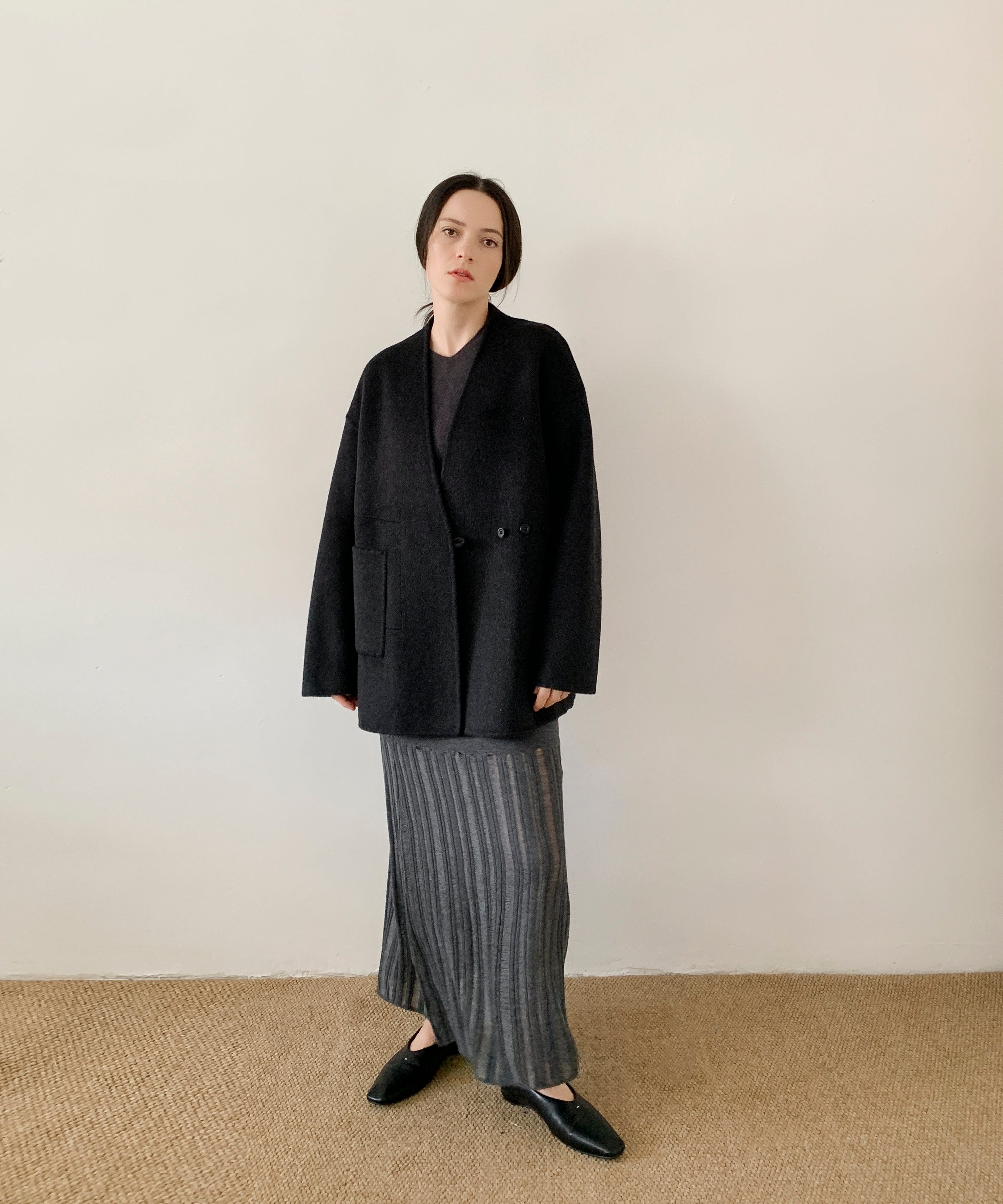 DECADE CLASSIC ノーカラーリバーウールコート