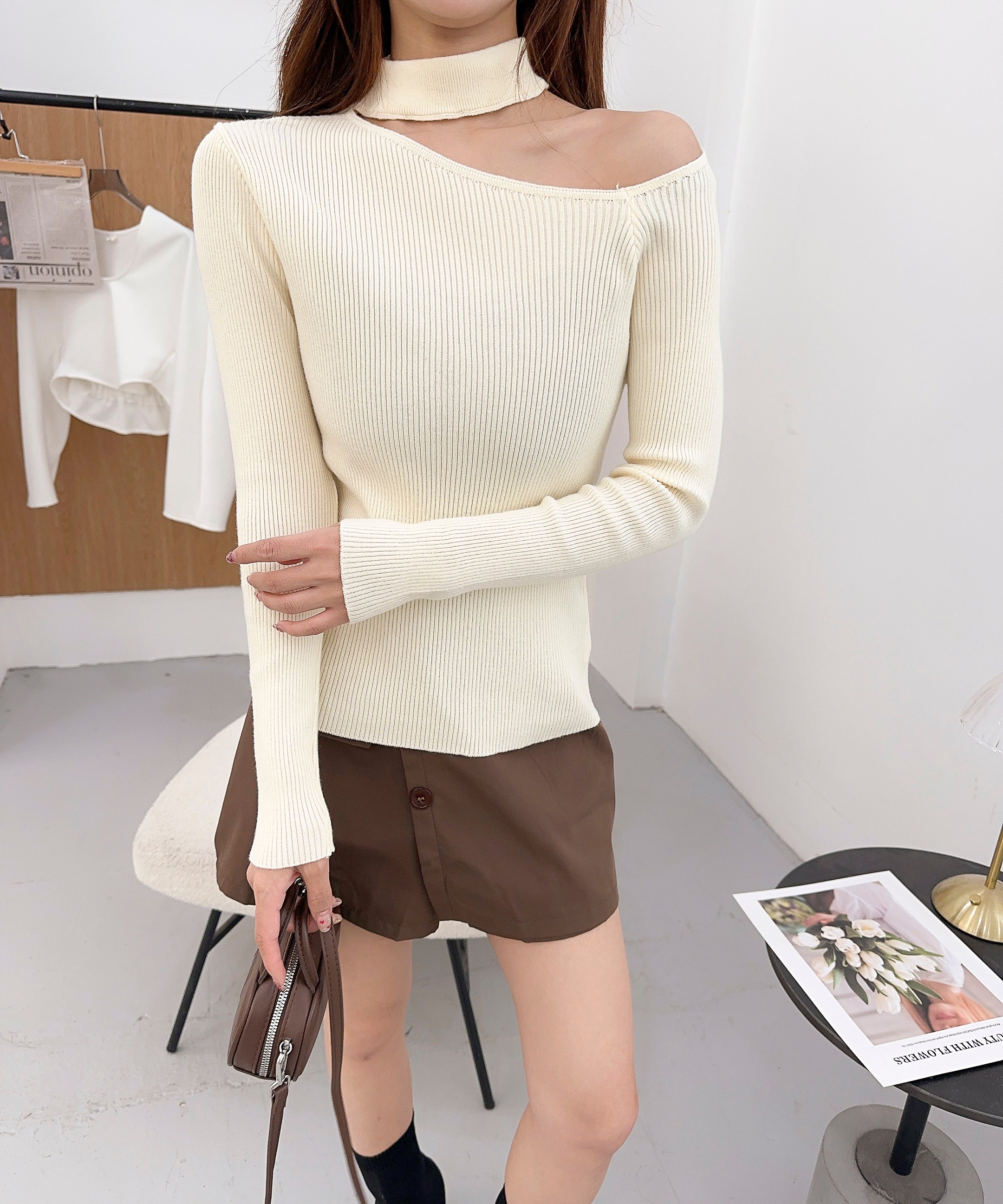 【Jasmine】チョーカーワンショルダーニットプルオーバー