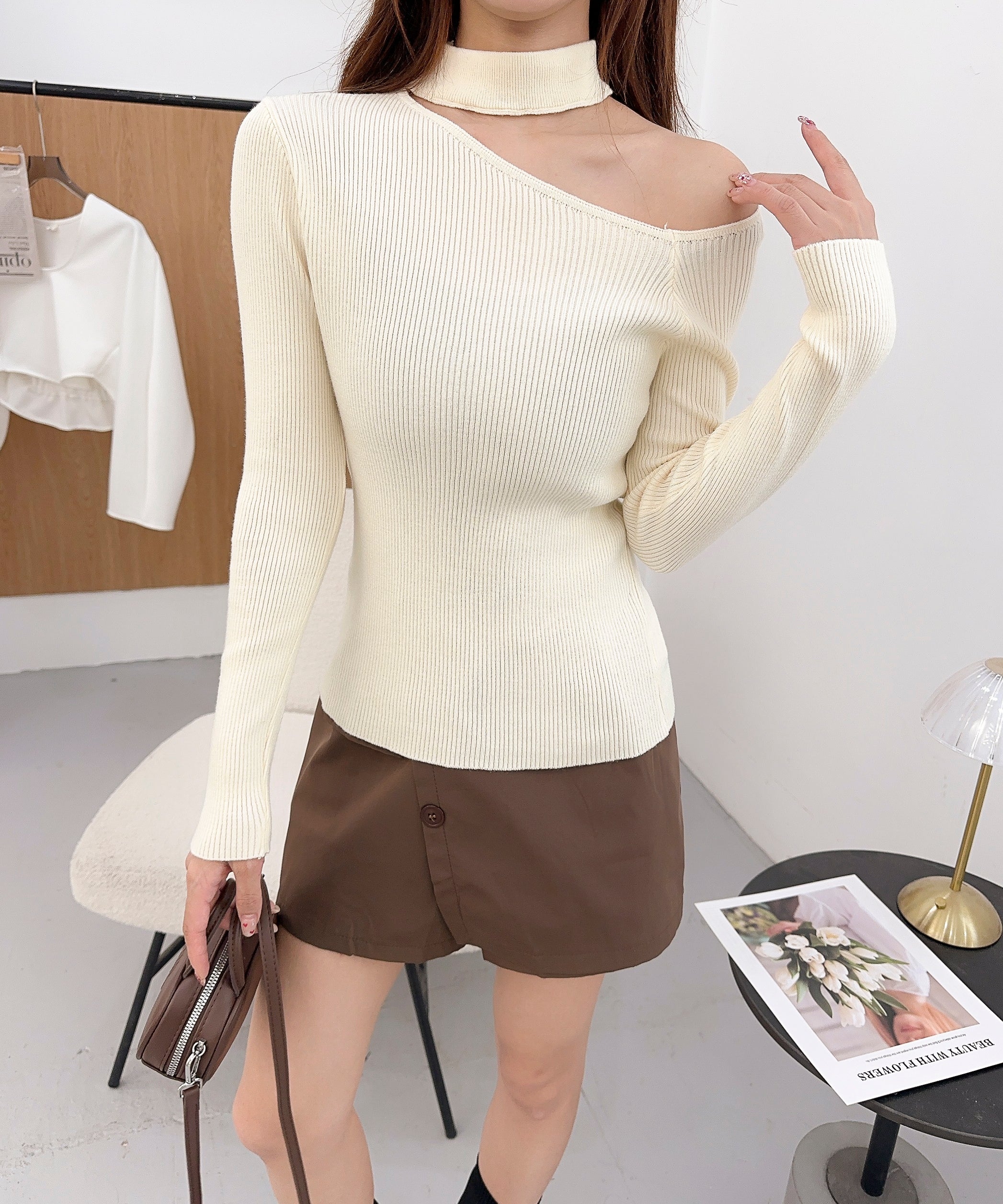 【Jasmine】チョーカーワンショルダーニットプルオーバー