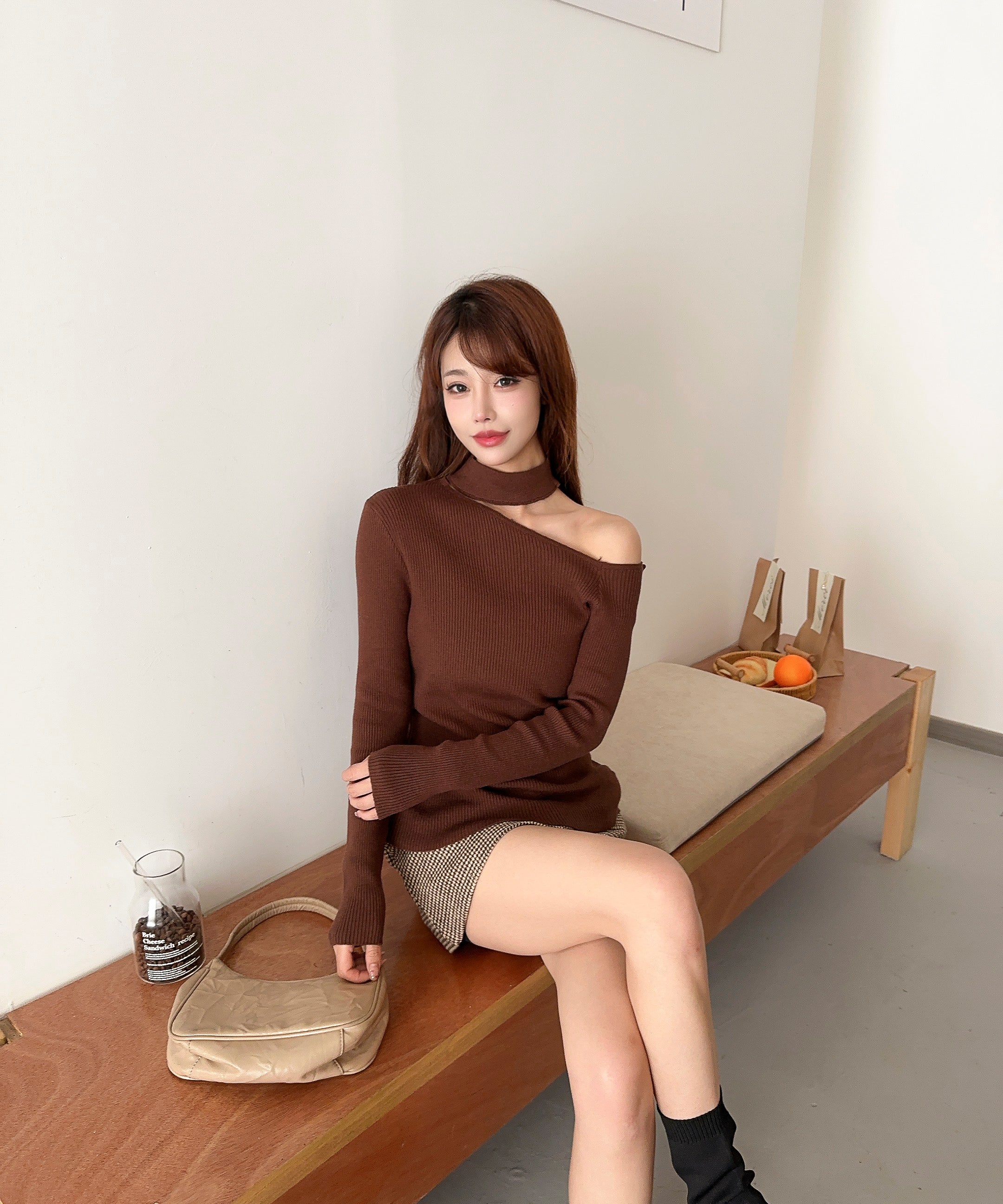 【Jasmine】チョーカーワンショルダーニットプルオーバー