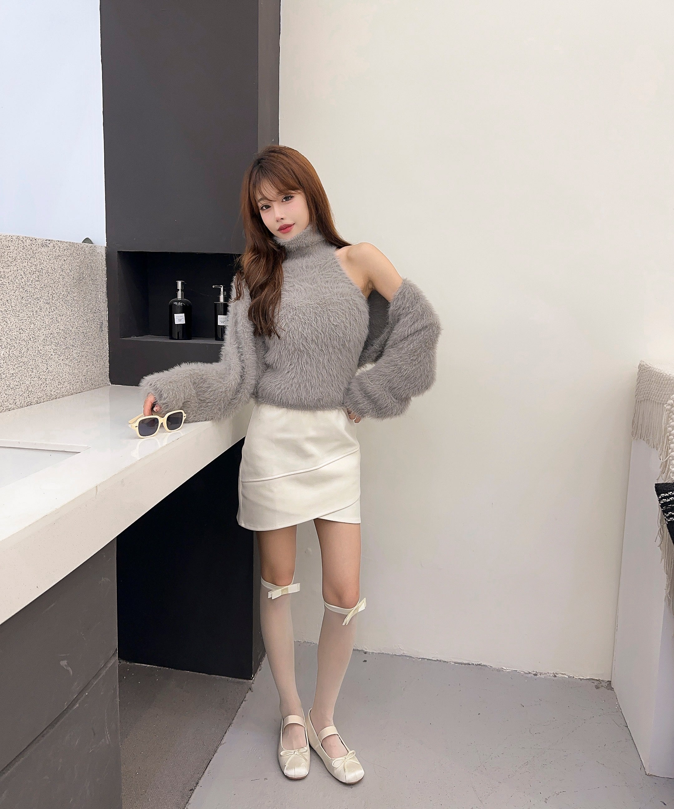 【Jasmine】シャギーニットハイネックベスト＋カーディガン