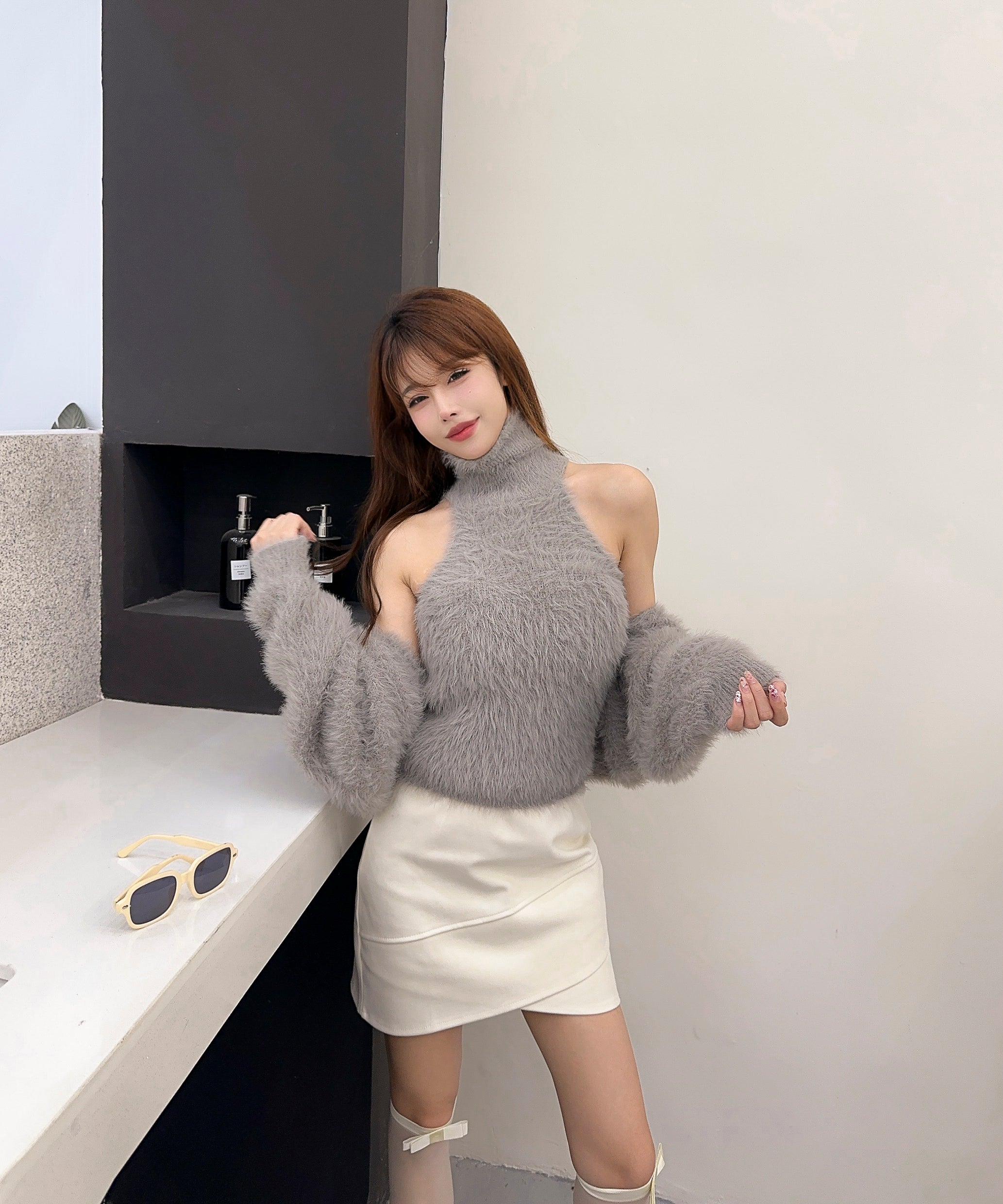 【Jasmine】シャギーニットハイネックベスト＋カーディガン