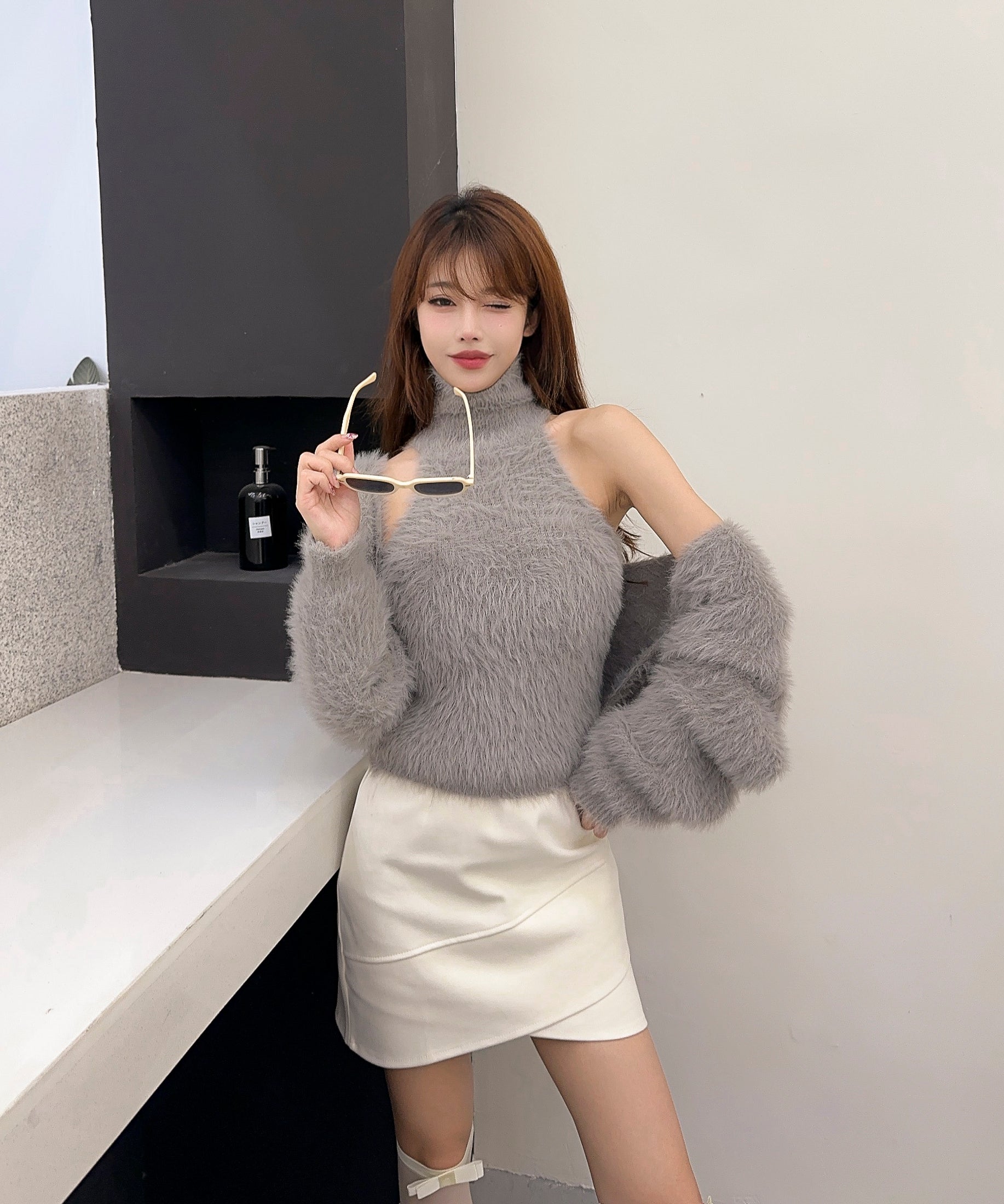 【Jasmine】シャギーニットハイネックベスト＋カーディガン