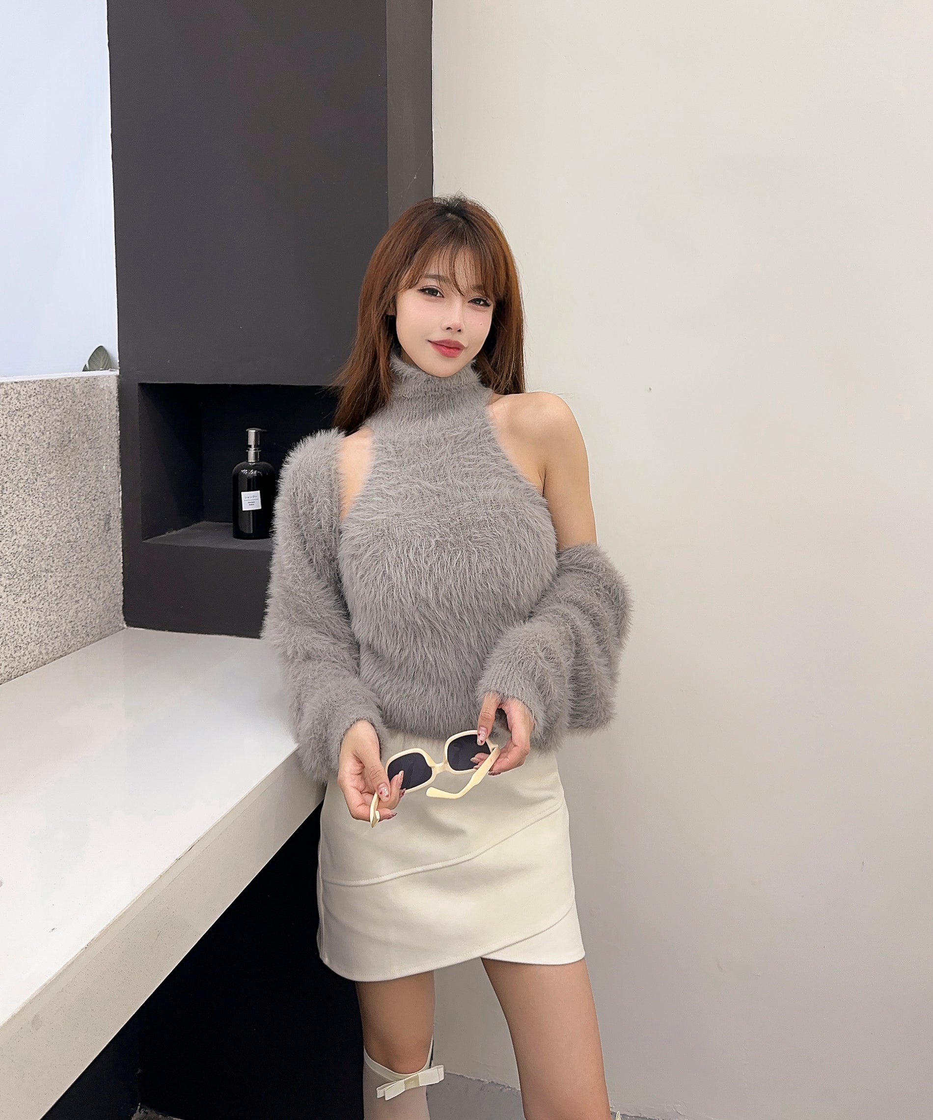 【Jasmine】シャギーニットハイネックベスト＋カーディガン