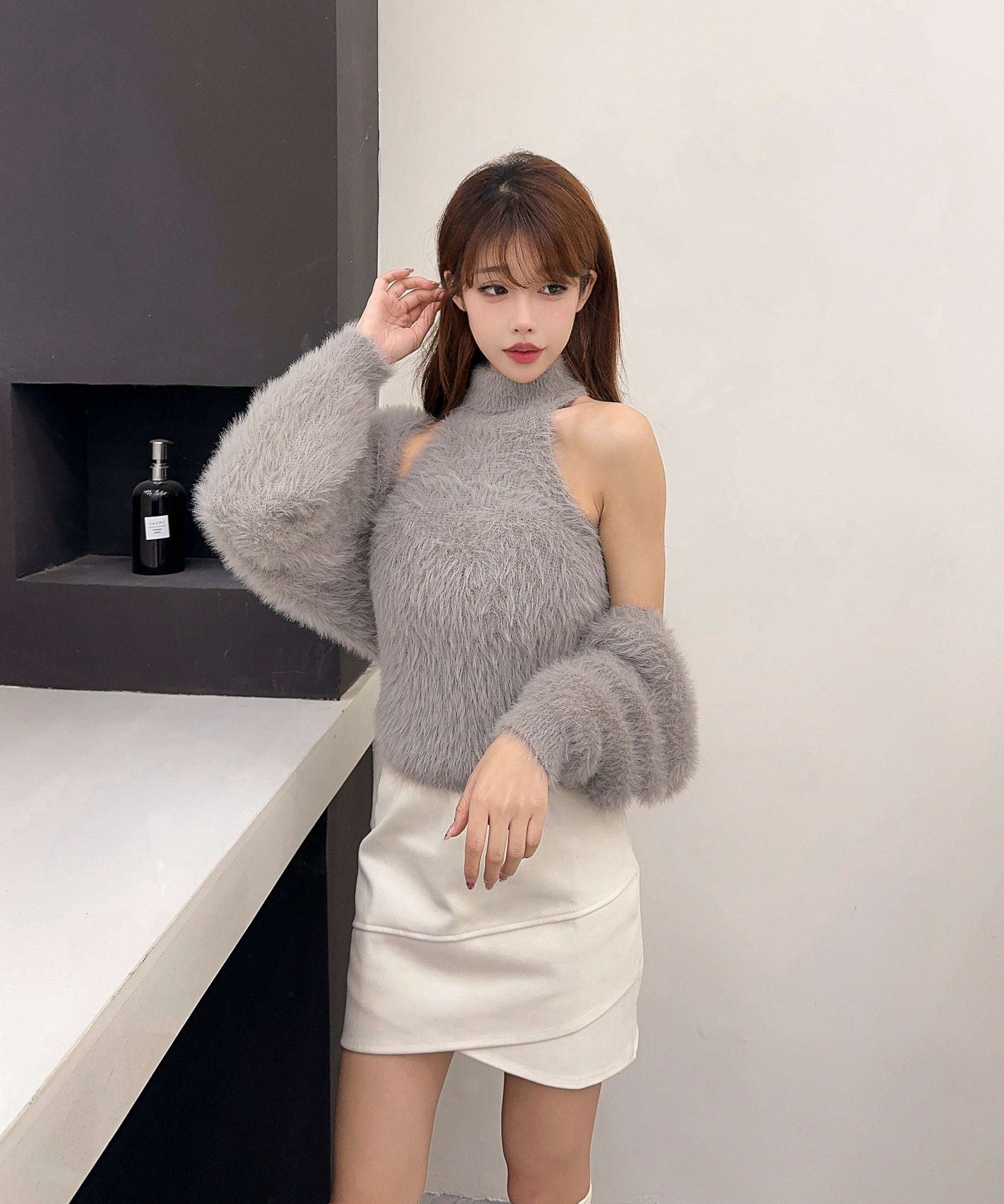 【Jasmine】シャギーニットハイネックベスト＋カーディガン