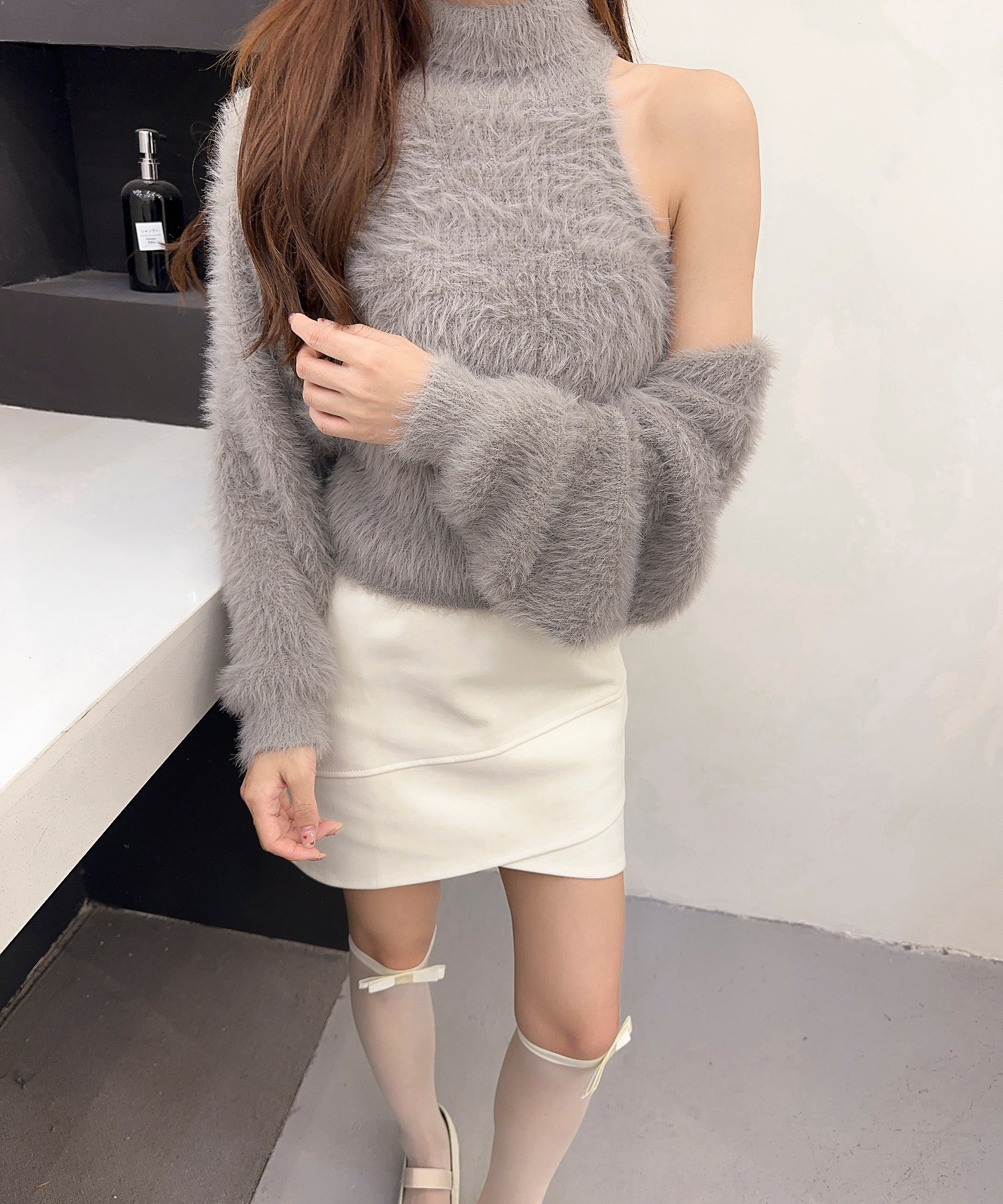 【Jasmine】シャギーニットハイネックベスト＋カーディガン