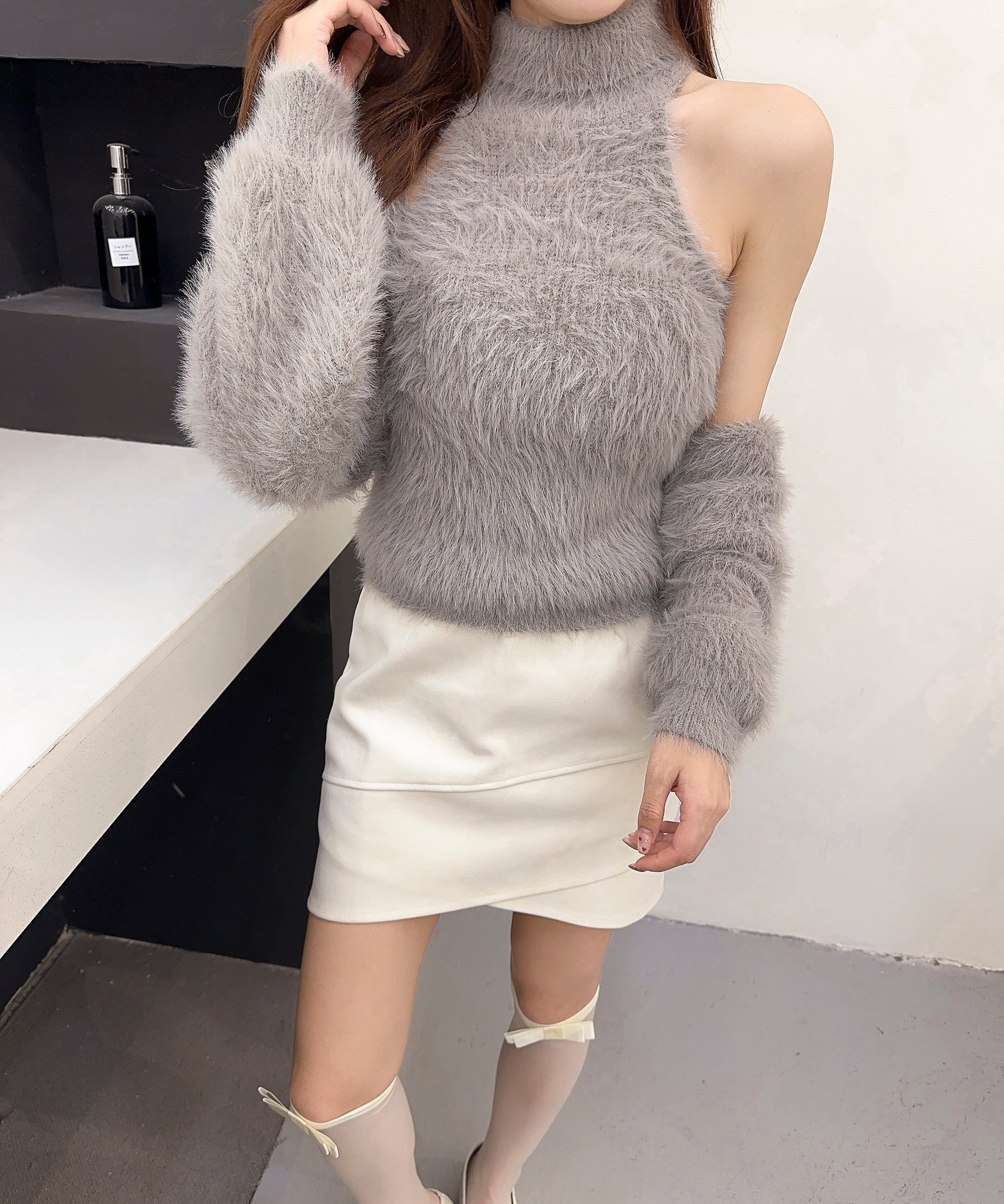 【Jasmine】シャギーニットハイネックベスト＋カーディガン