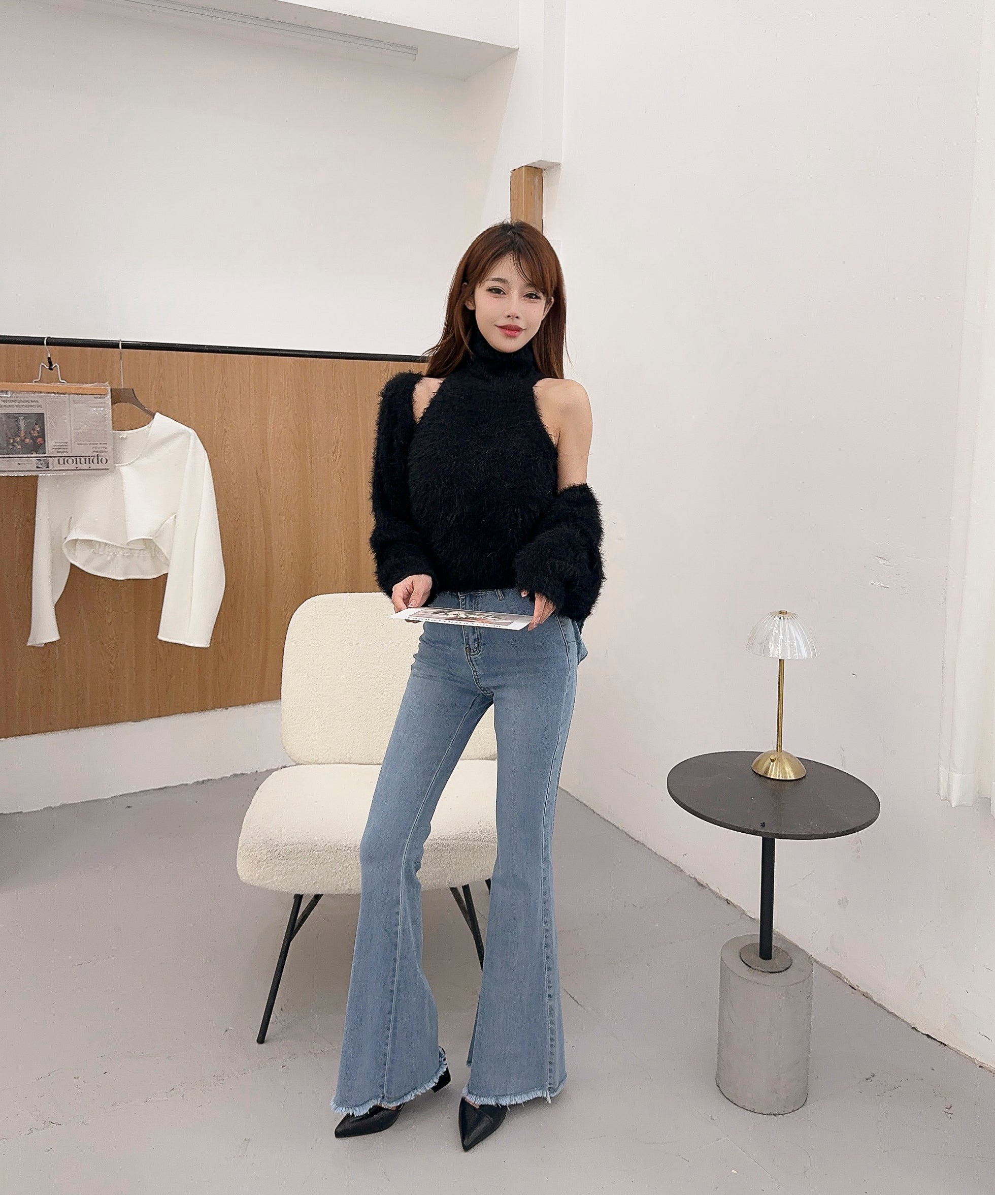 【Jasmine】シャギーニットハイネックベスト＋カーディガン