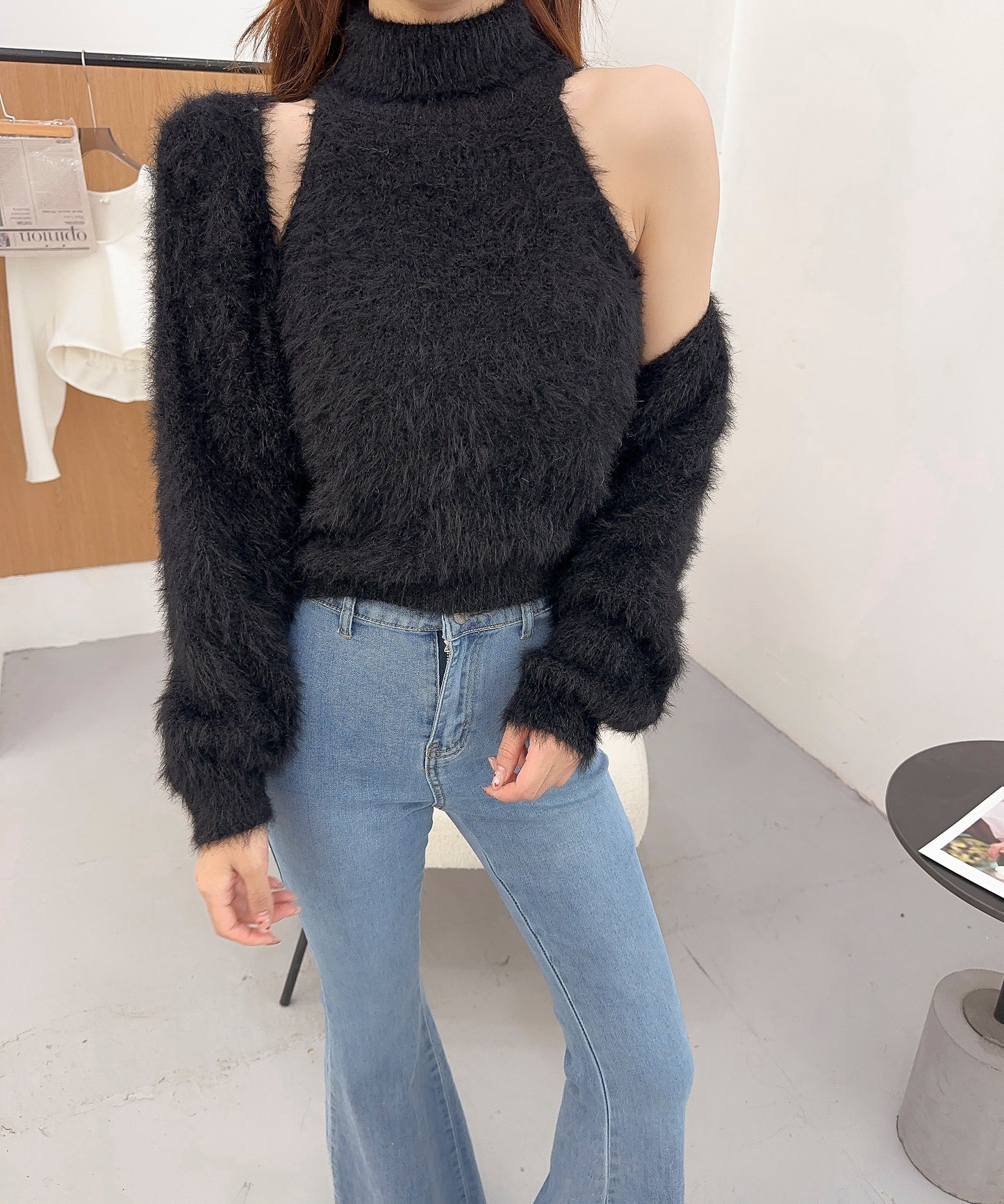 【Jasmine】シャギーニットハイネックベスト＋カーディガン