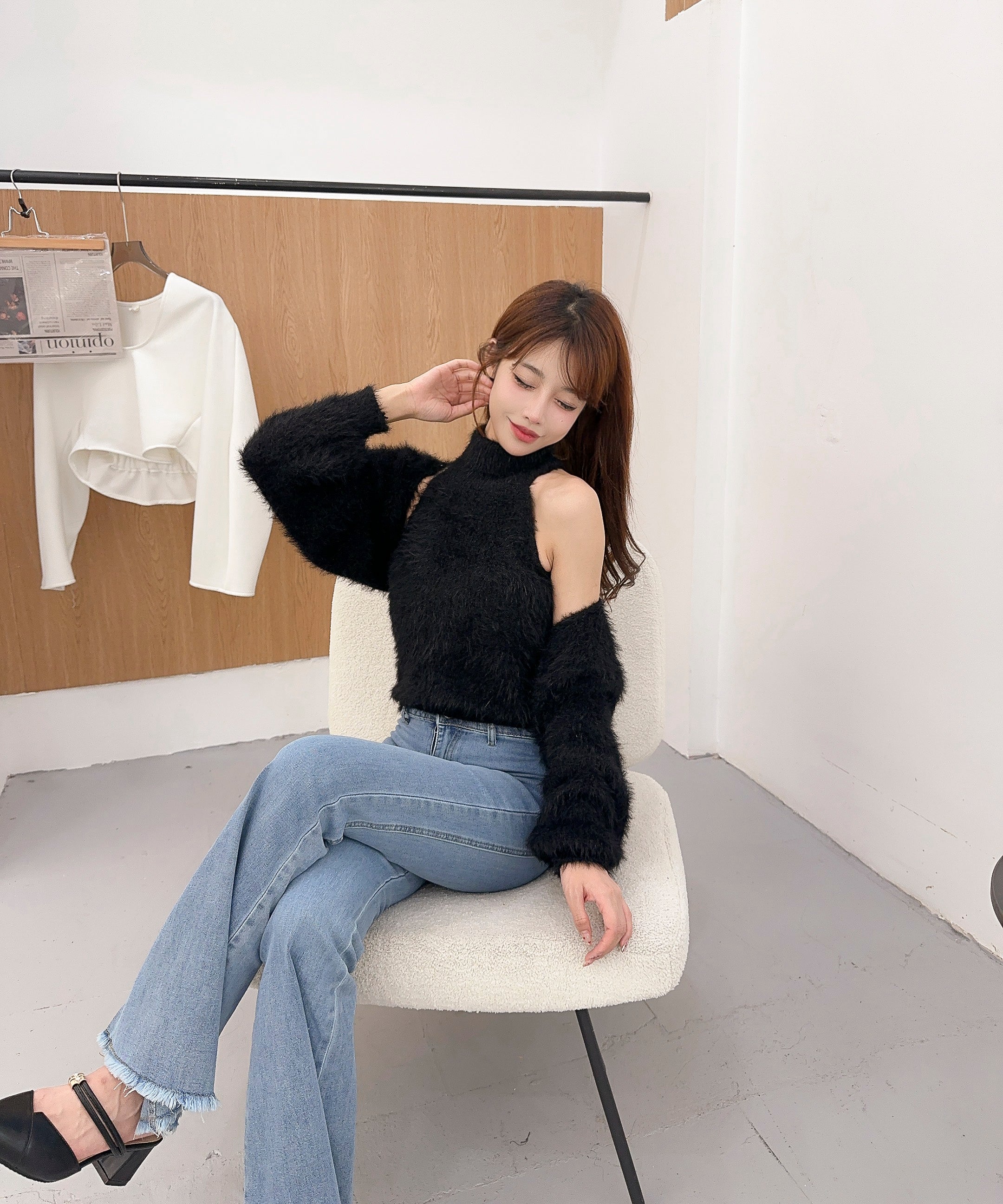 【Jasmine】シャギーニットハイネックベスト＋カーディガン