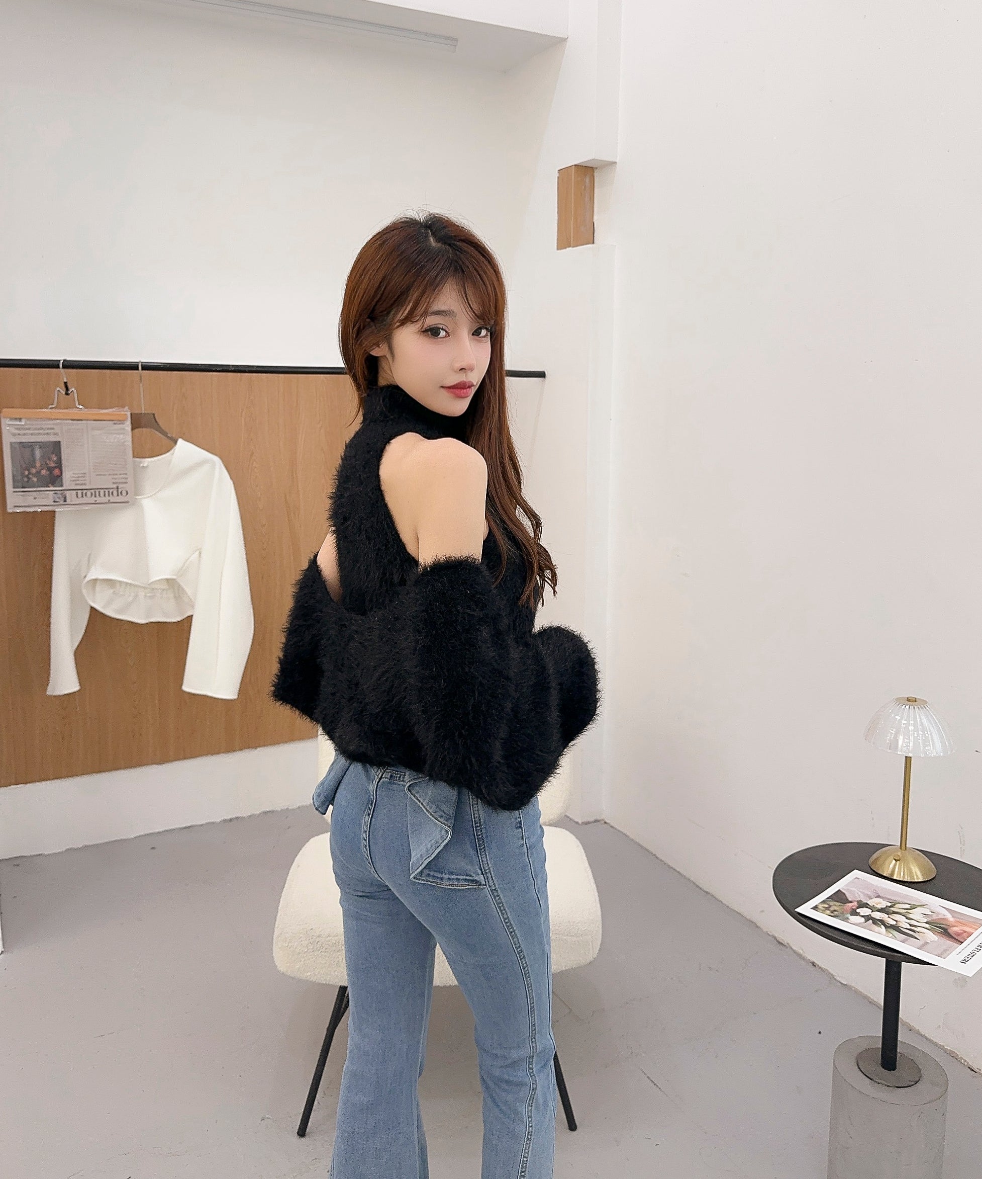 【Jasmine】シャギーニットハイネックベスト＋カーディガン