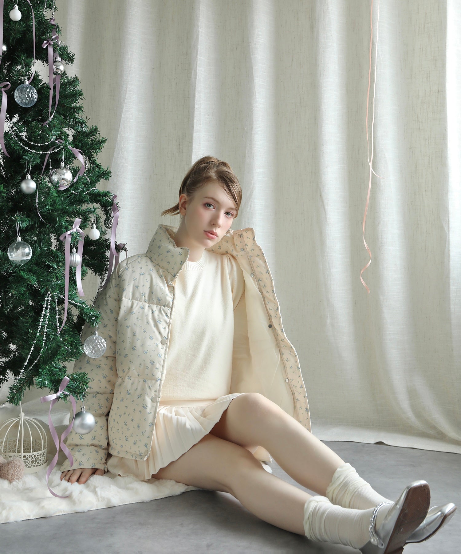 【Jasmine】花柄スタンドカラーダウンジャケットショート丈