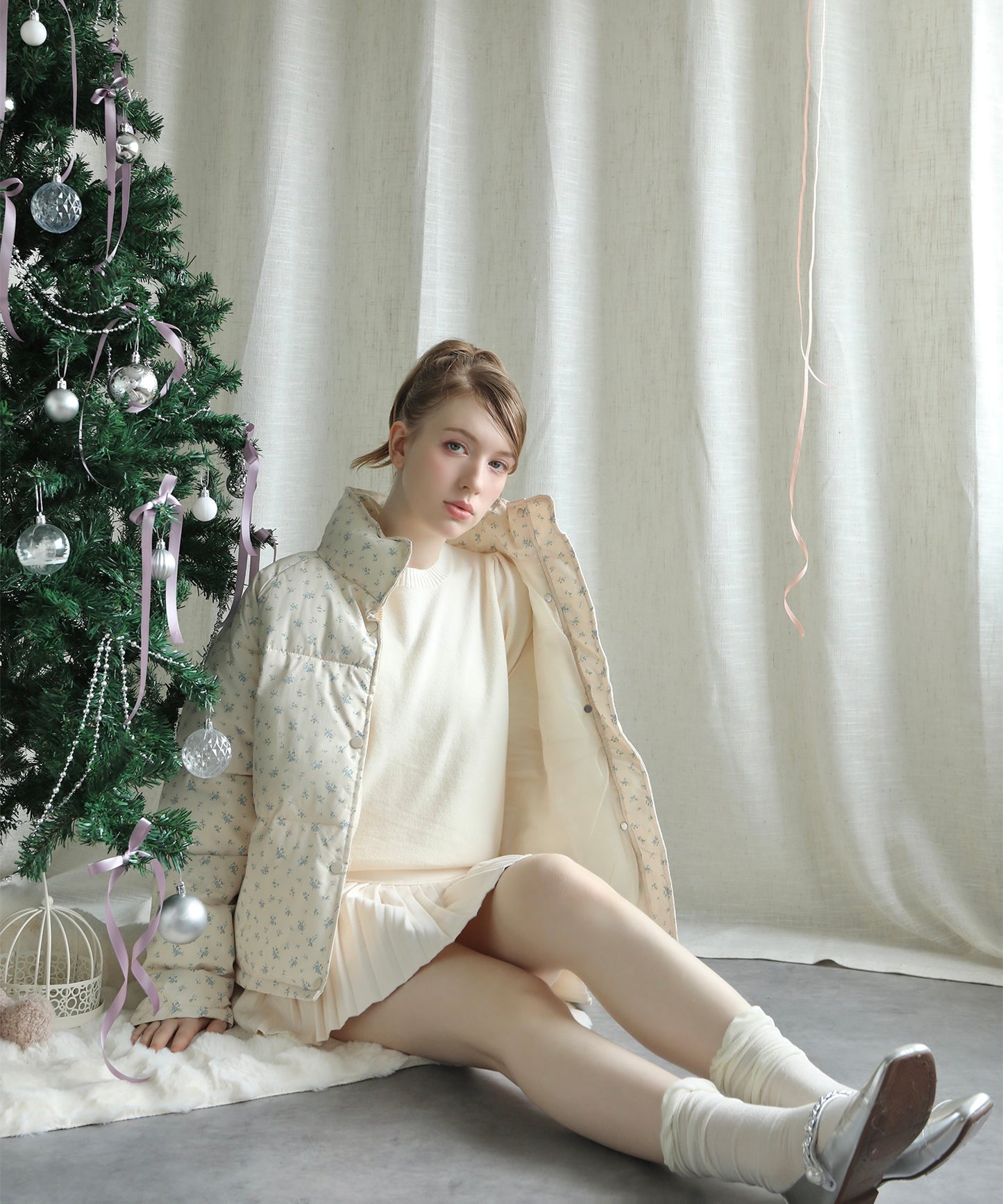 【Jasmine】花柄スタンドカラーダウンジャケットショート丈