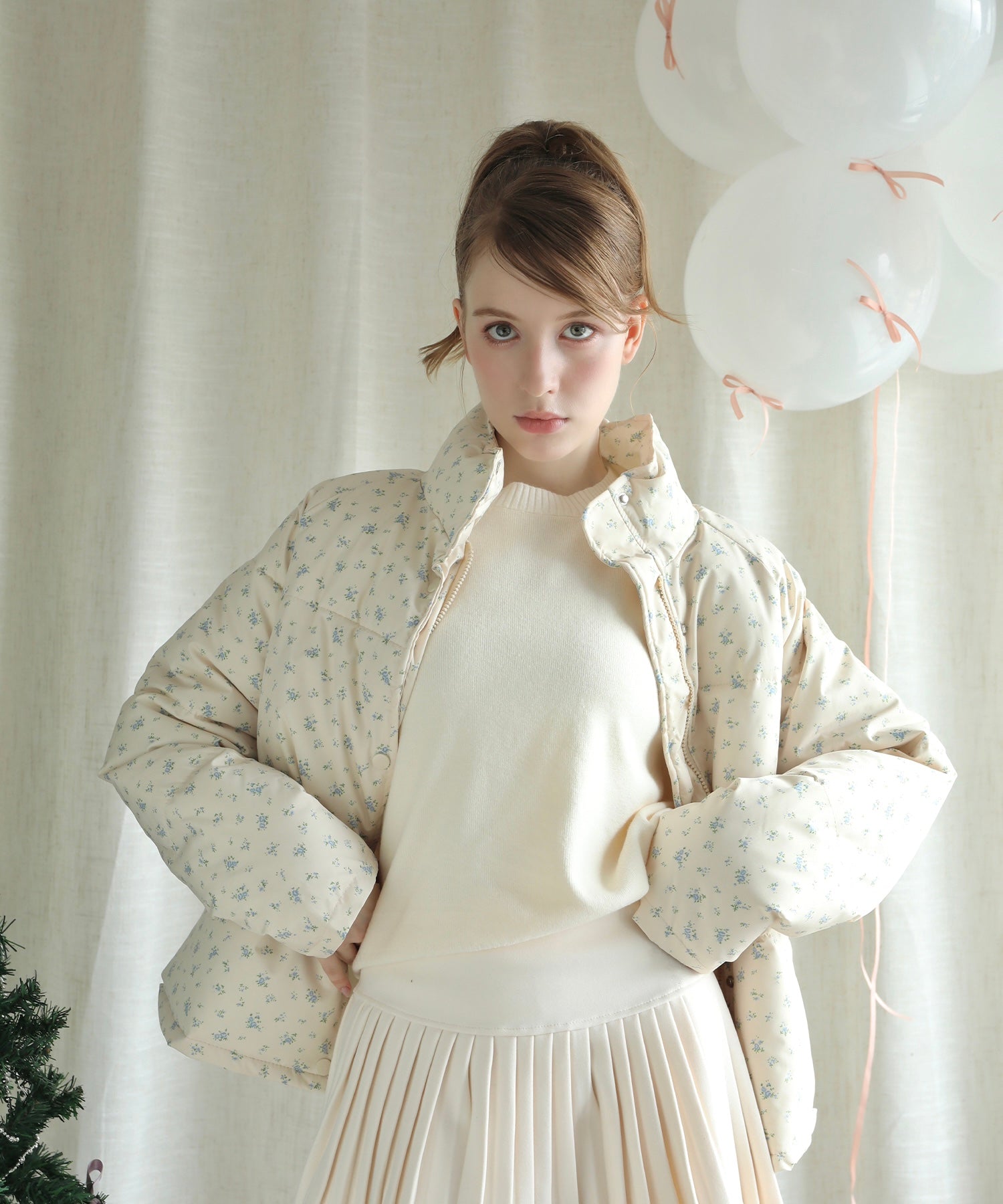 【Jasmine】花柄スタンドカラーダウンジャケットショート丈