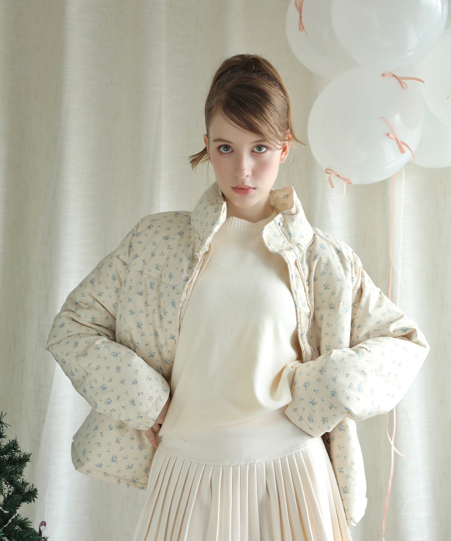 【Jasmine】花柄スタンドカラーダウンジャケットショート丈