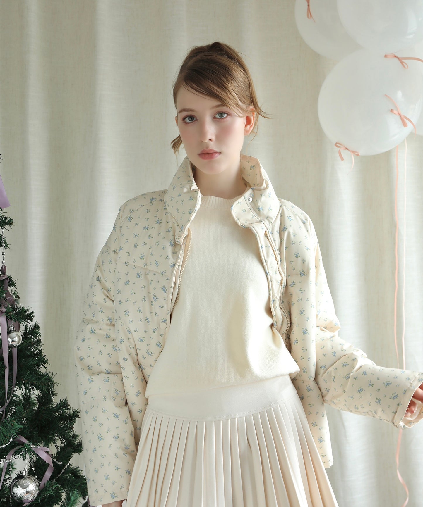 【Jasmine】花柄スタンドカラーダウンジャケットショート丈