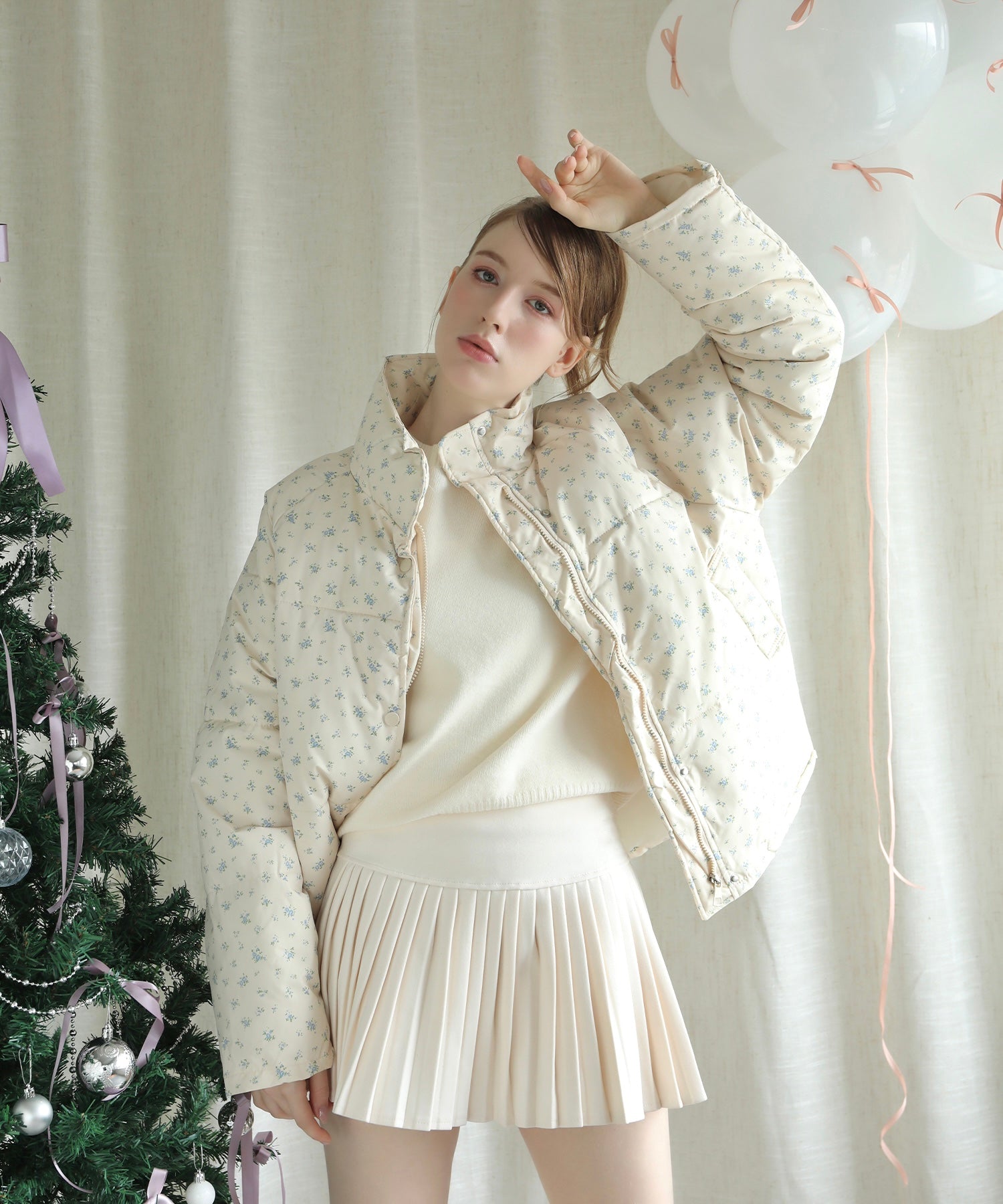 【Jasmine】花柄スタンドカラーダウンジャケットショート丈