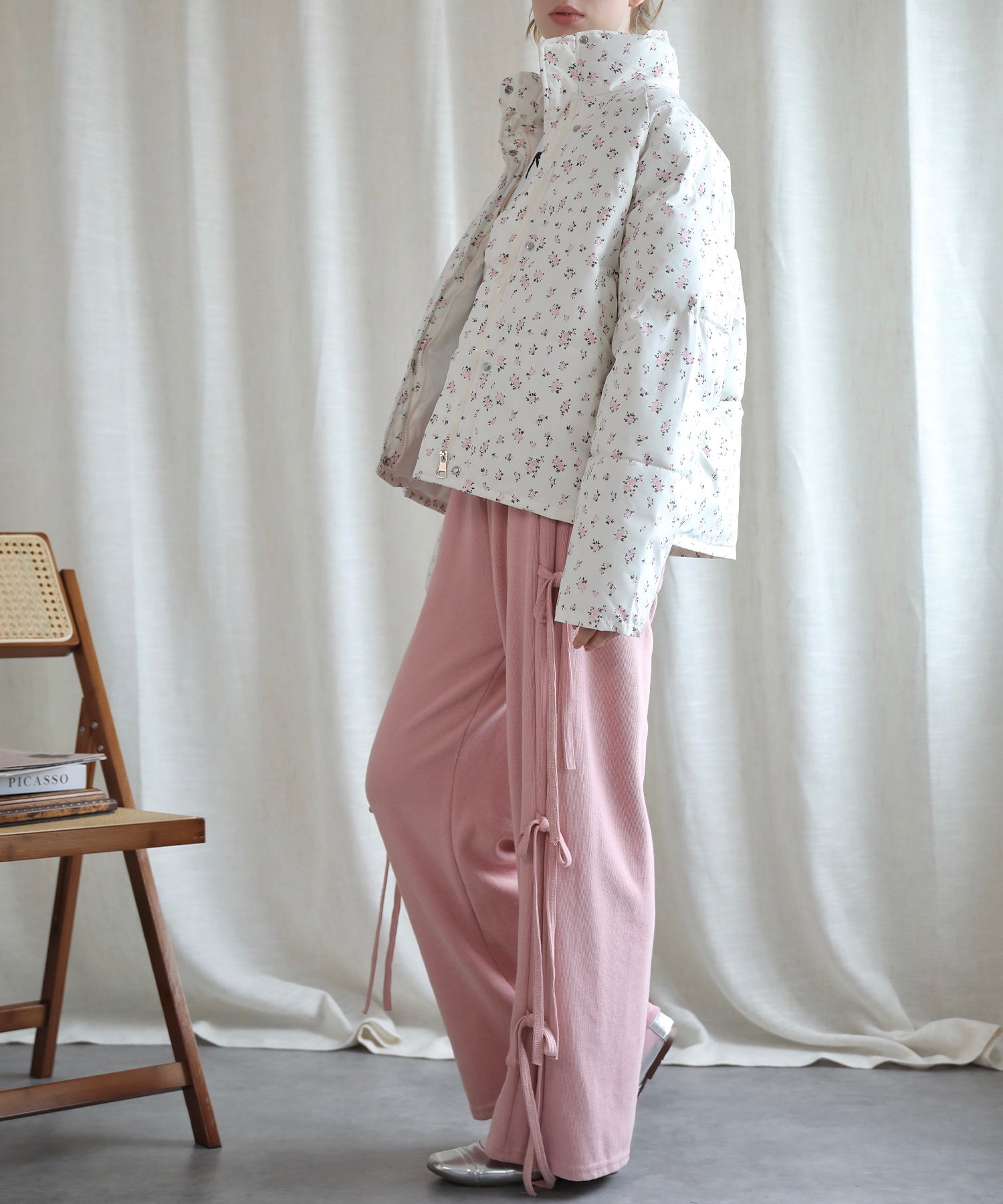 【Jasmine】花柄スタンドカラーダウンジャケットショート丈