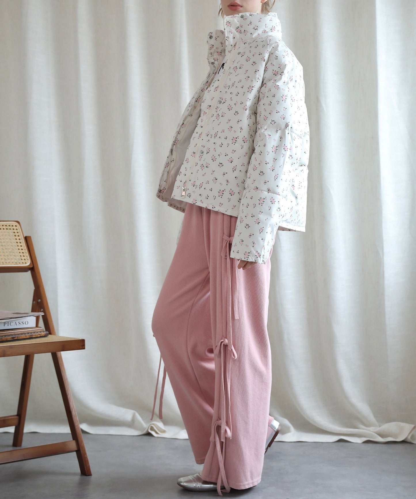 【Jasmine】花柄スタンドカラーダウンジャケットショート丈