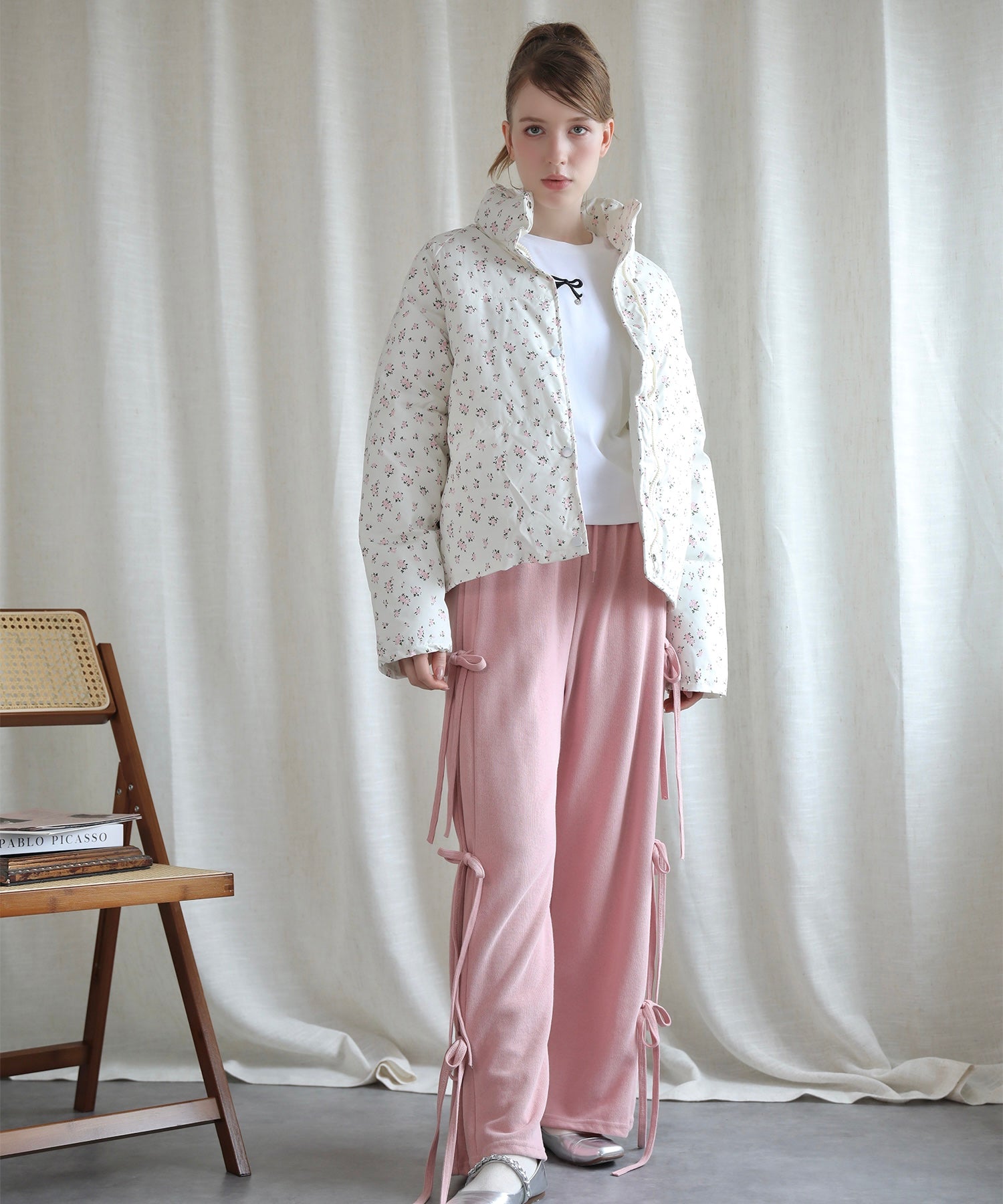 【Jasmine】花柄スタンドカラーダウンジャケットショート丈