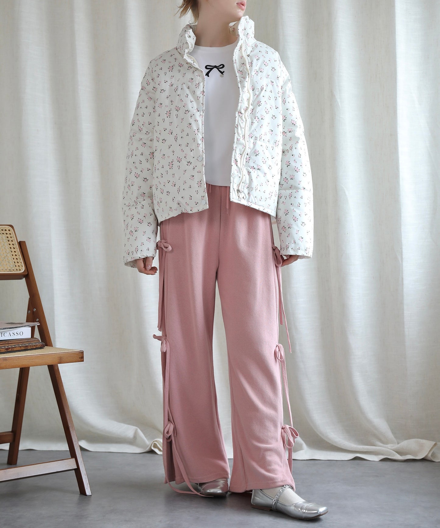 【Jasmine】花柄スタンドカラーダウンジャケットショート丈