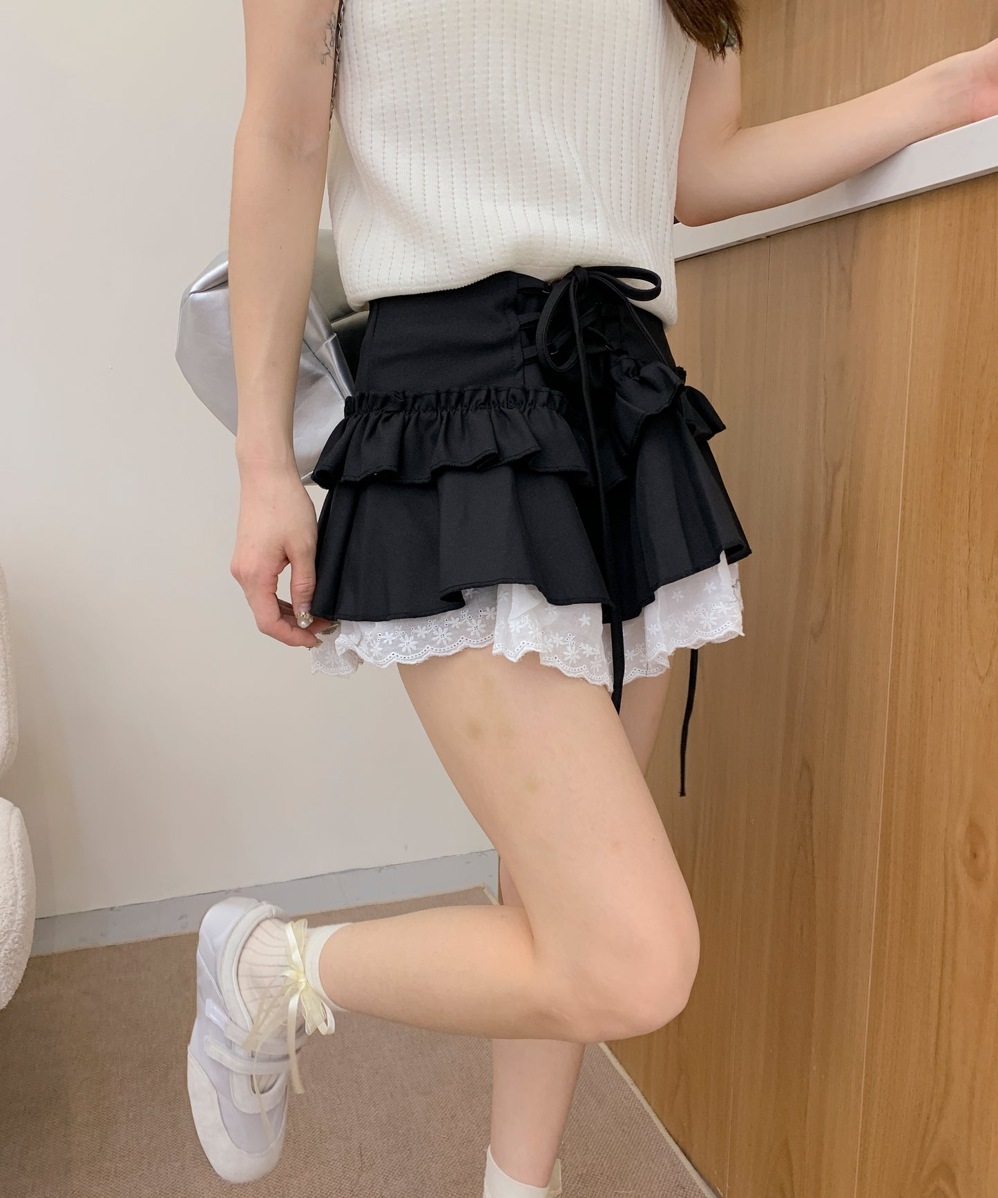 【HOOK】for girls レース切替フリルティアードミニスカート
