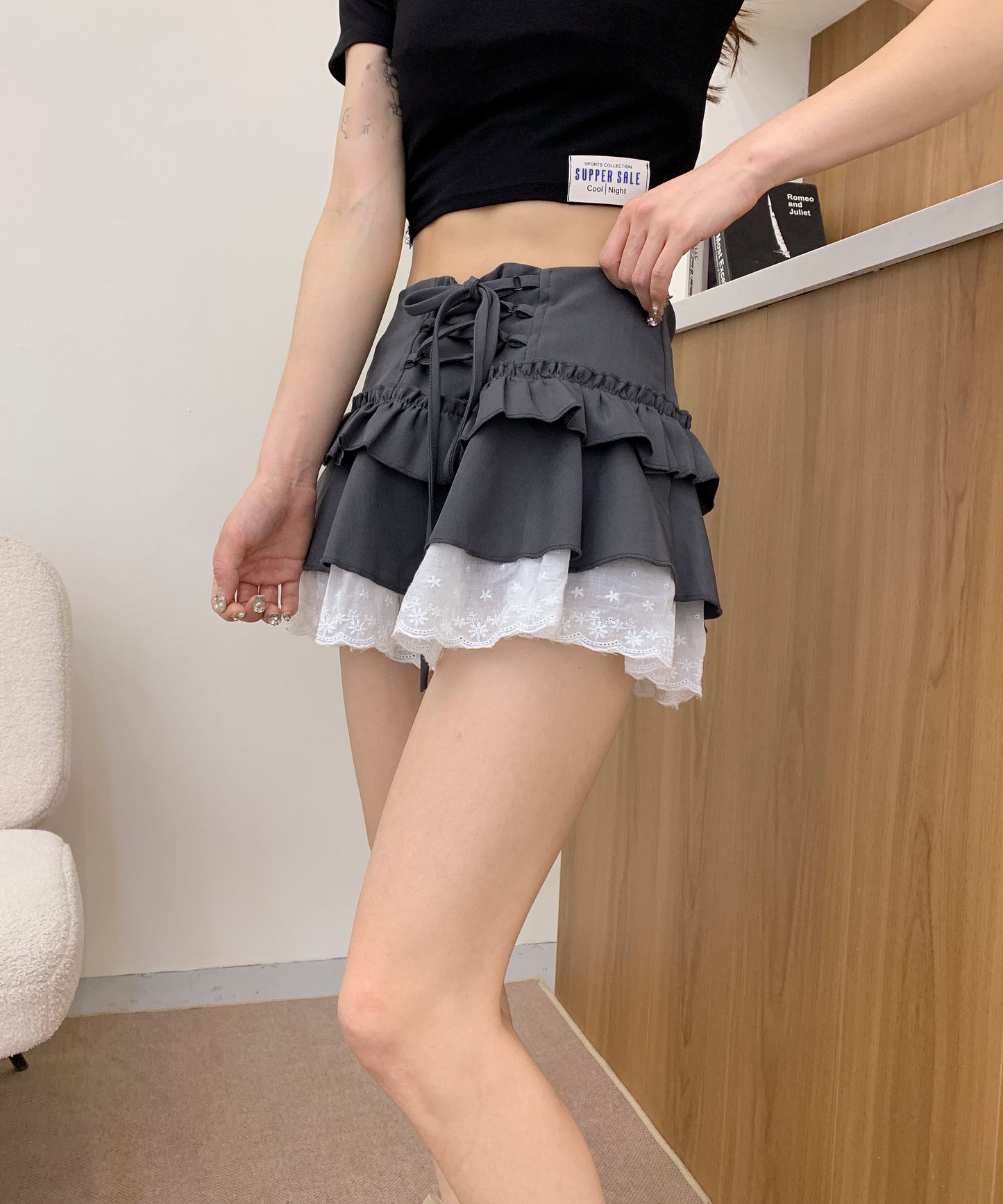 【HOOK】for girls レース切替フリルティアードミニスカート