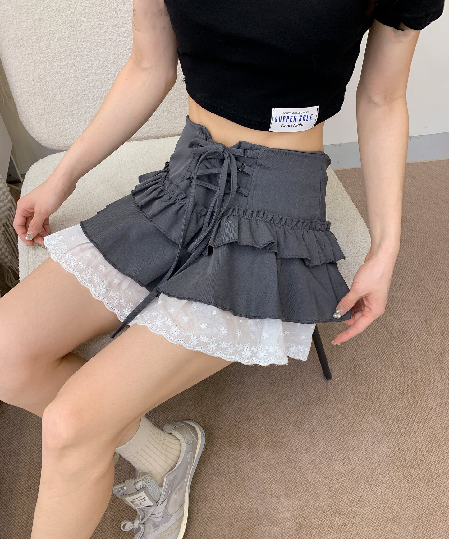 【HOOK】for girls レース切替フリルティアードミニスカート