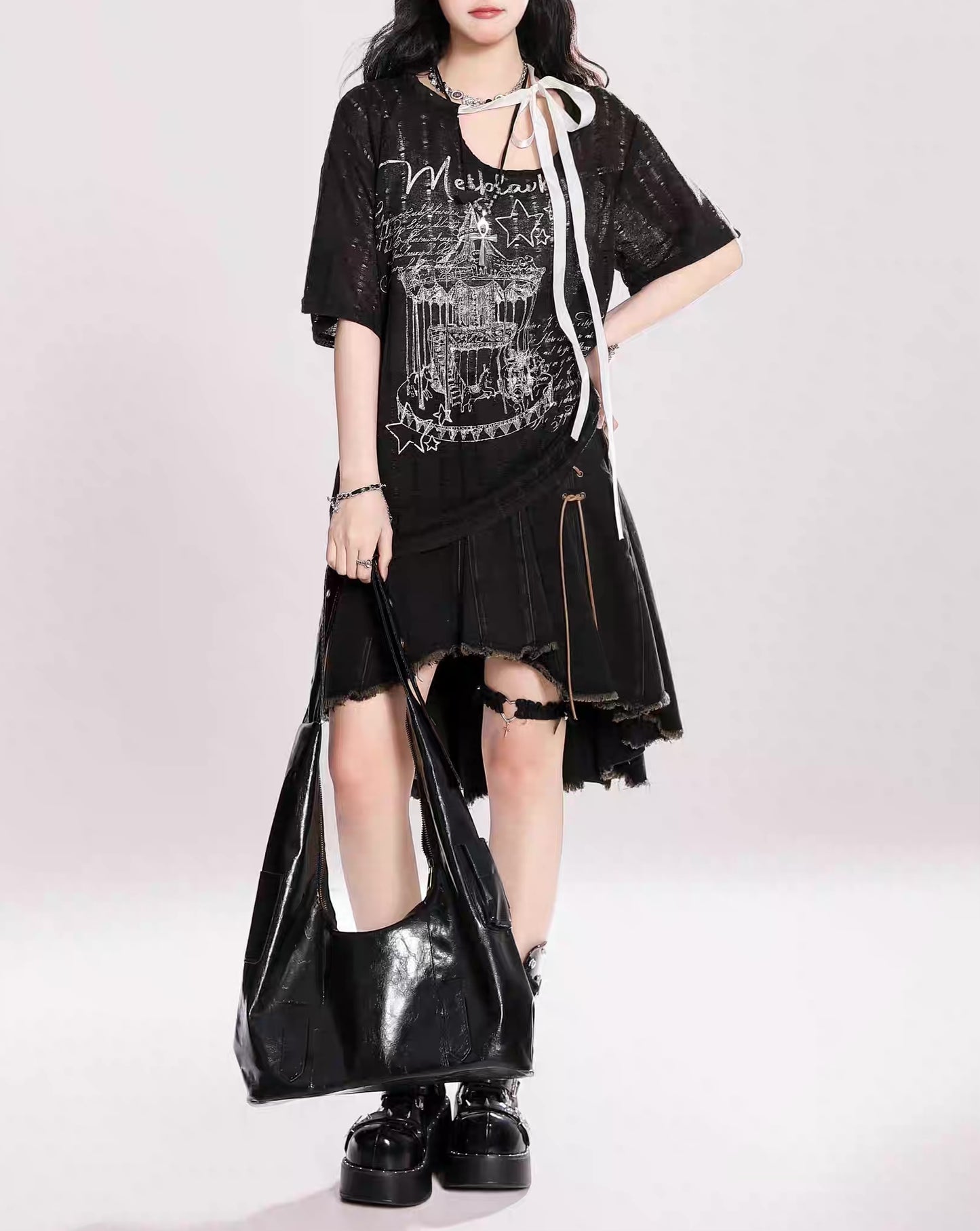 【HOOK】for girls リボン付きゴシックTシャツ
