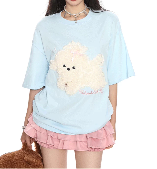 【HOOK】for girls ふわふわドッグ刺繍Tシャツ