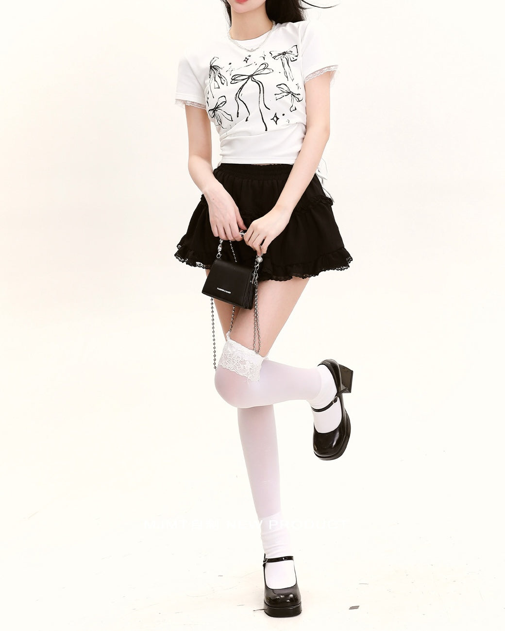 【HOOK】for　girls　裾シャーリングリボンプリント半袖TEE