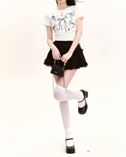 【HOOK】for　girls　裾シャーリングリボンプリント半袖TEE